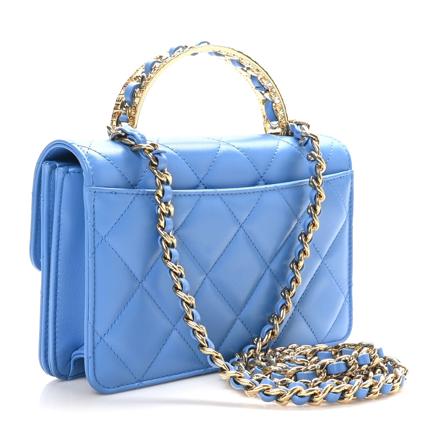 Lambskin Quilted Chain Logo Top Handle Flap Blue