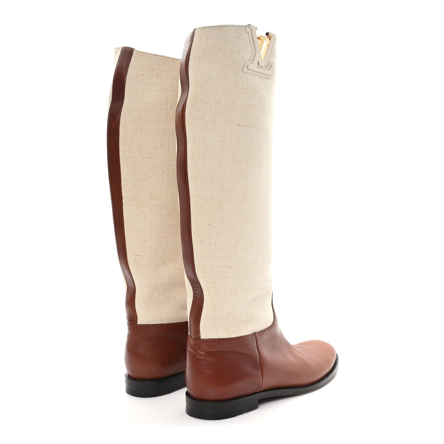 Canvas Calfskin Heritage Flat High Boots 38 Beige Brown