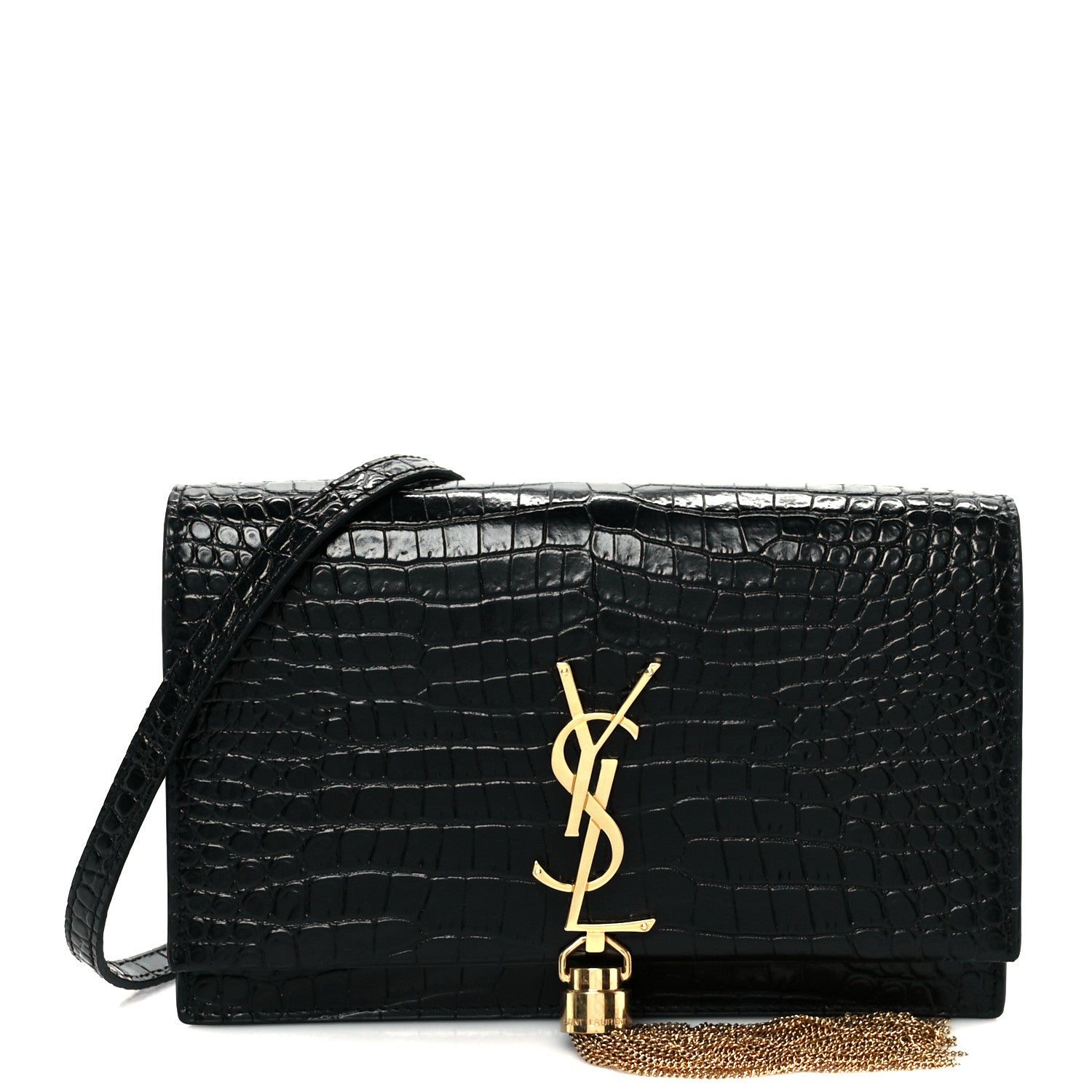 Calfskin Crocodile Embossed Kate Monogram Tassel Chain Wallet Black