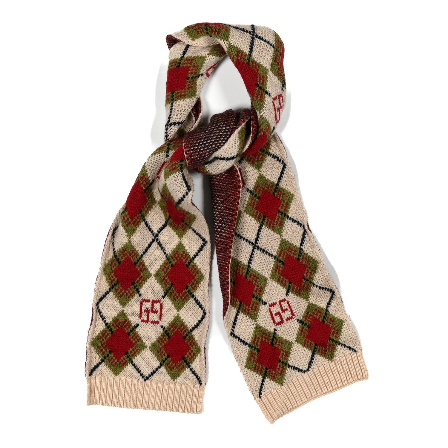 Wool Knit Scarf Beige Red