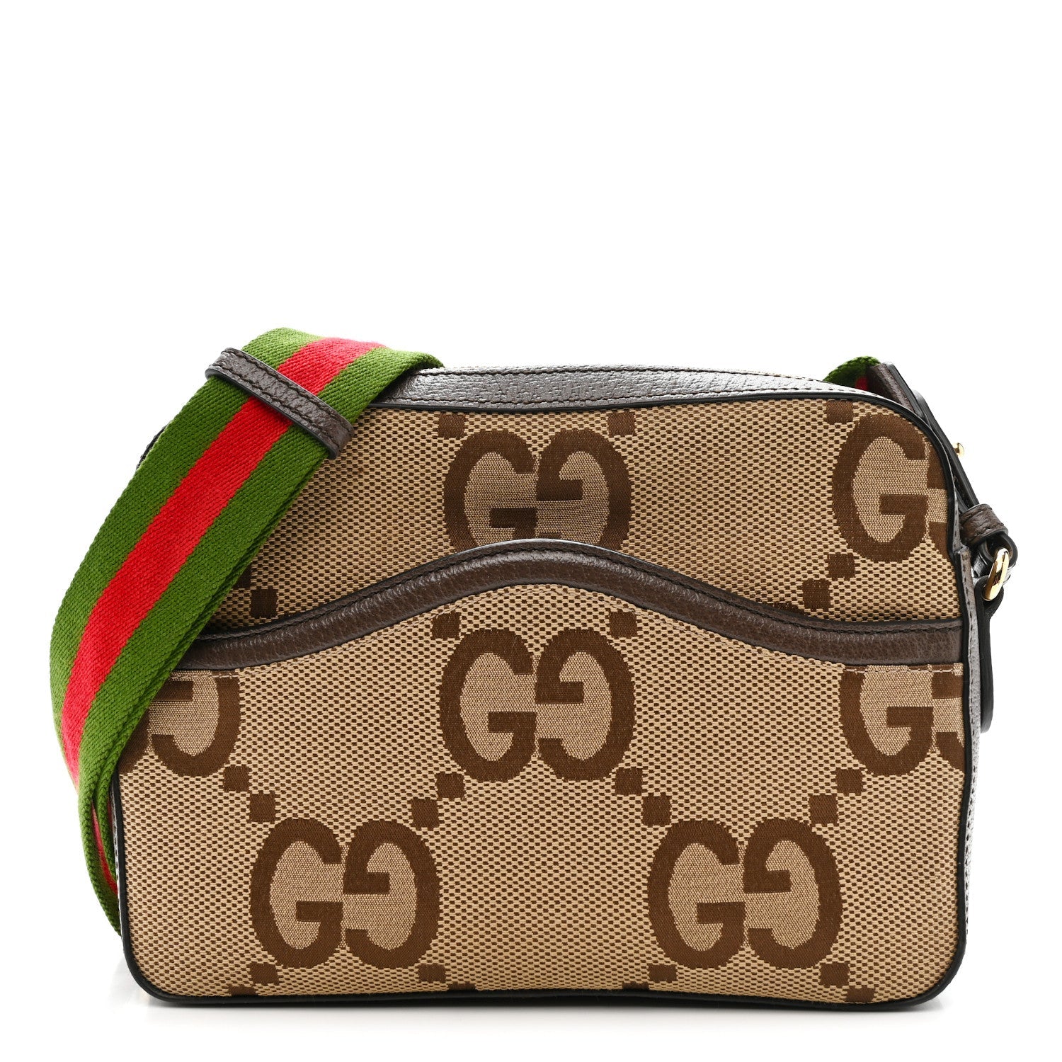 Monogram Jumbo GG Textured Dollar Calfskin Web Messenger Shoulder Bag Camel Ebony New Acero