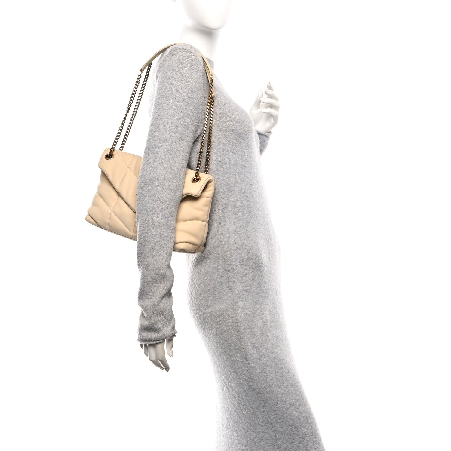 Nubuck Suede Quilted Small Loulou Puffer Monogram Chain Satchel Beige