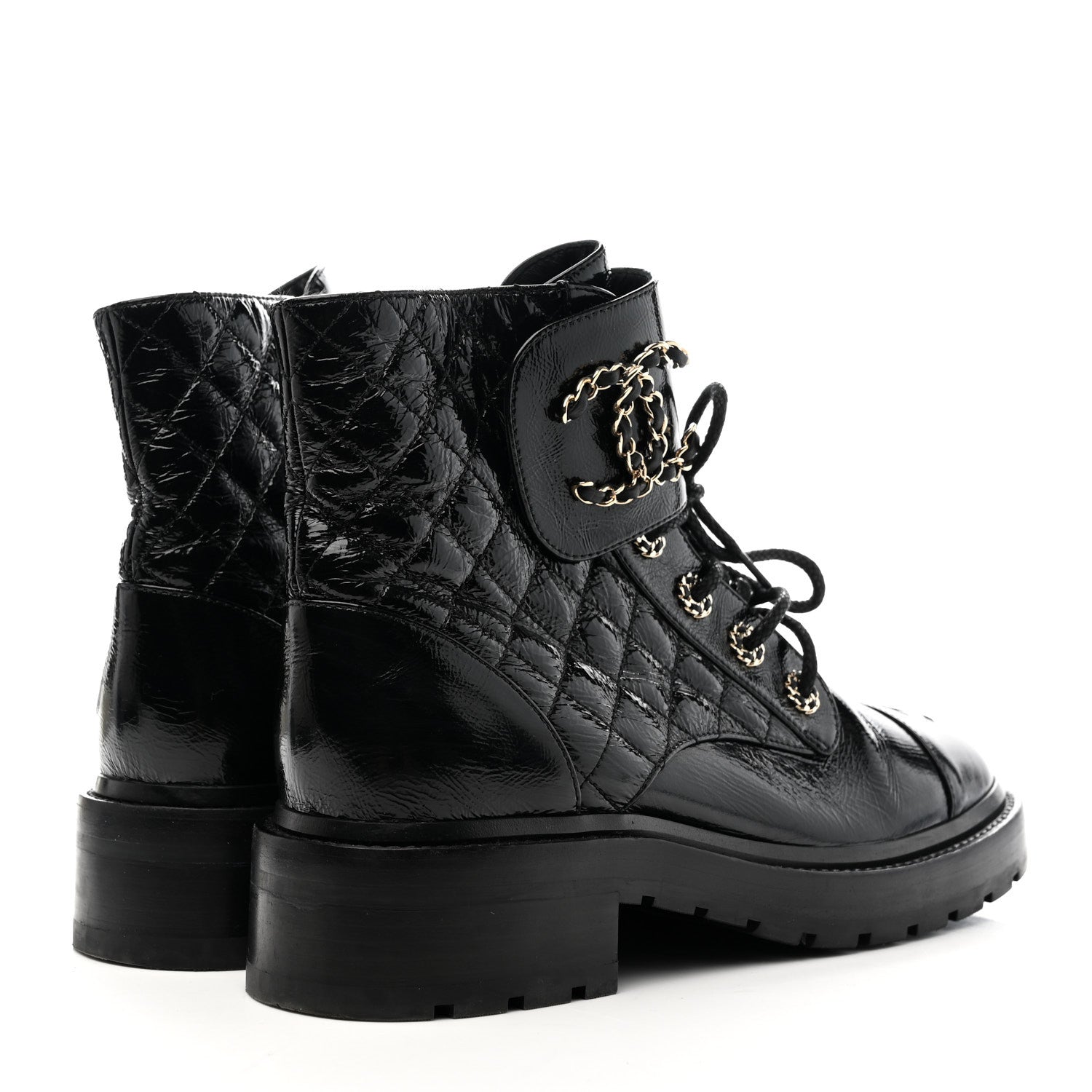 Shiny Lambskin Quilted Lace Up Combat Boots 38.5 Black