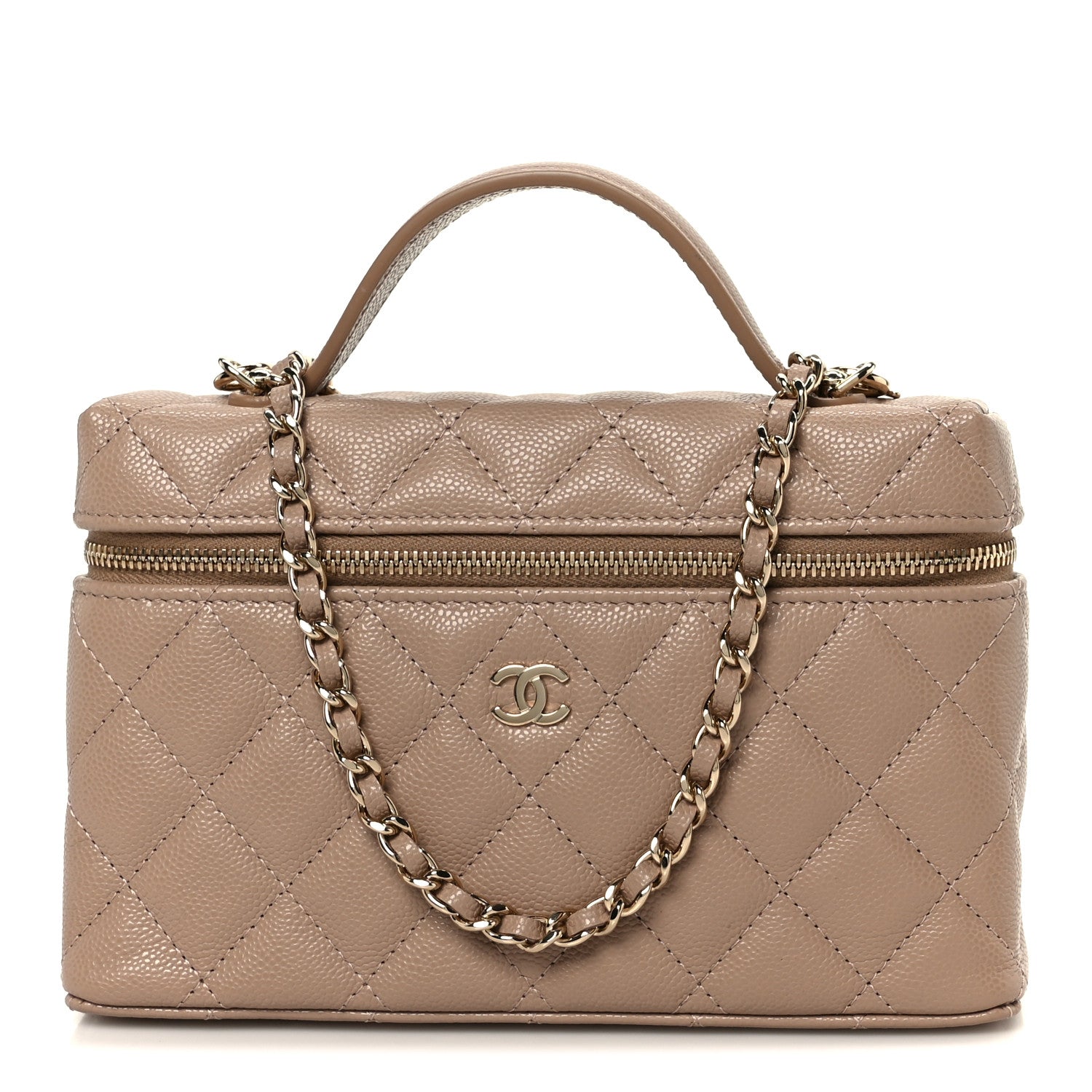 Caviar Quilted Top Handle Slim Vanity With Chain Dark Beige