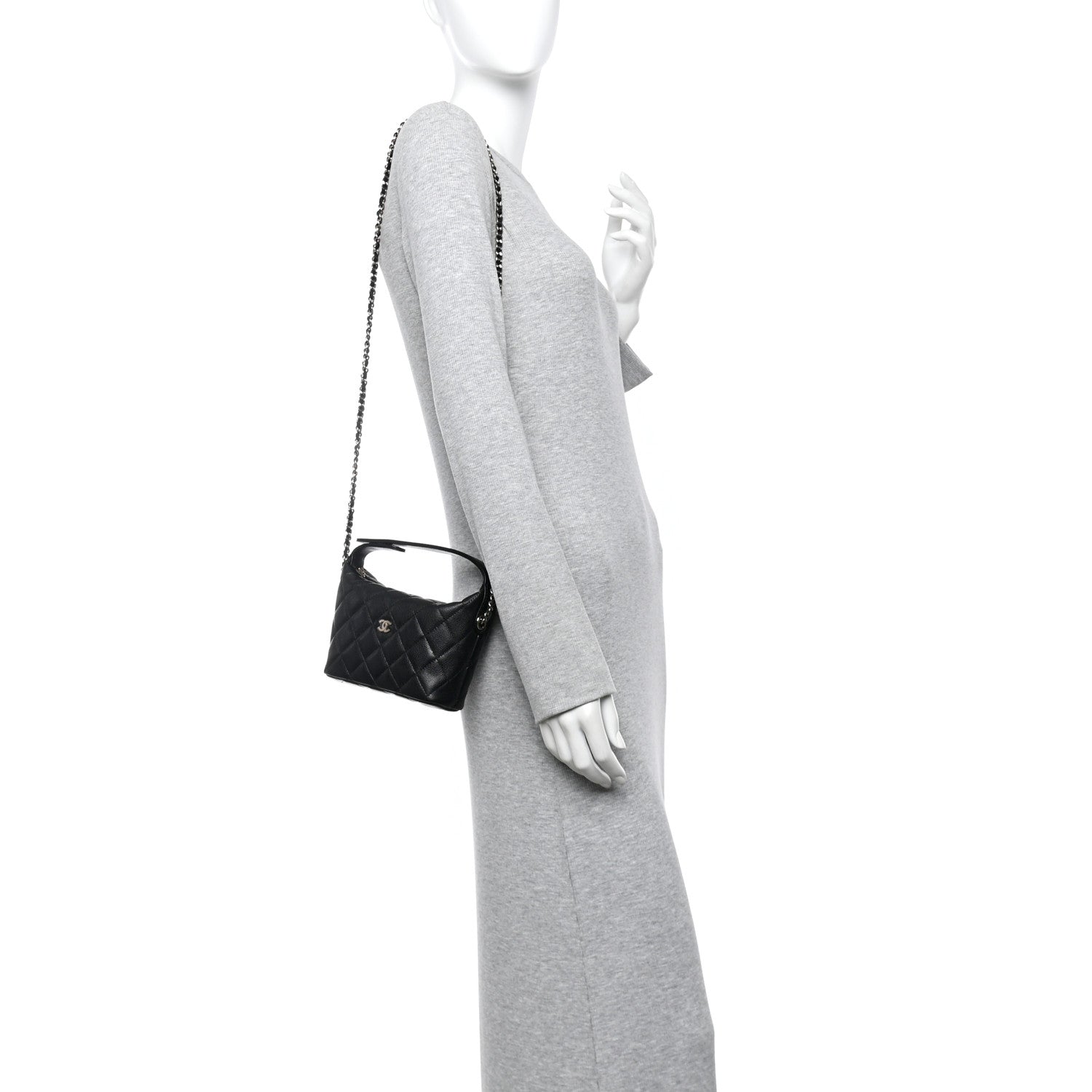 Caviar Quilted Hobo Clutch With Chain Black