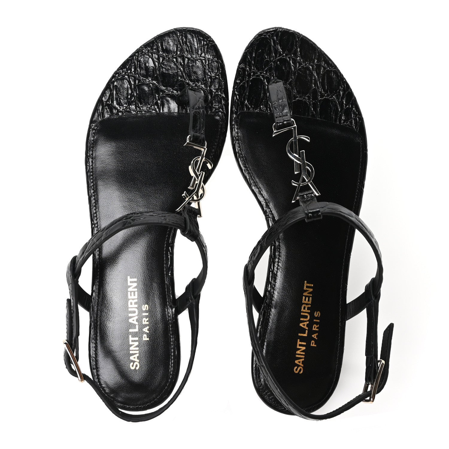 Calfskin Crocodile Embossed Cassandra Monogram Sandals 35.5 Black