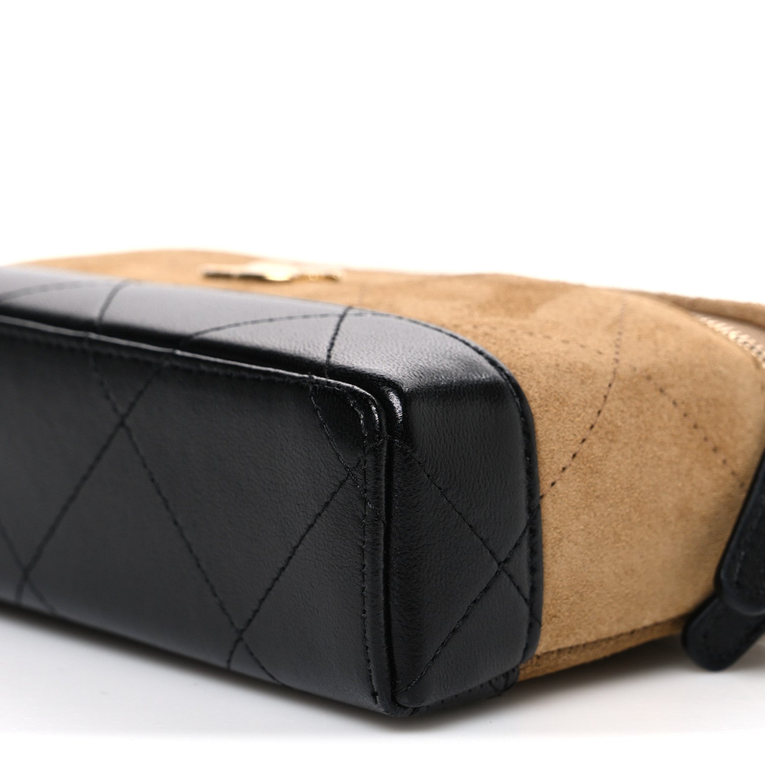 Suede Calfskin Shiny Lambskin Stitched Top Handle Slim Vanity Case With Chain Beige Black