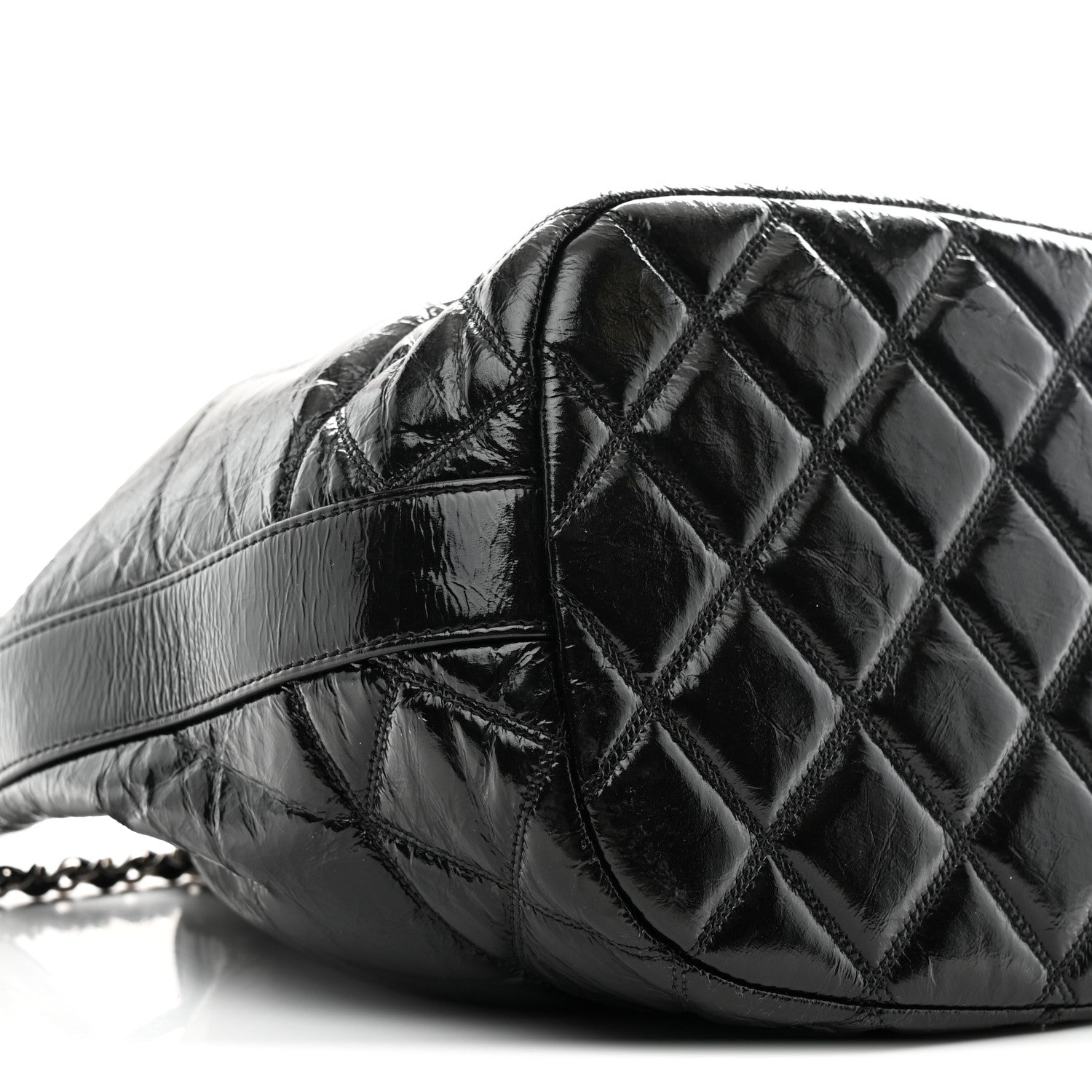 Shiny Aged Calfskin CC Chain Drawstring Bag Black