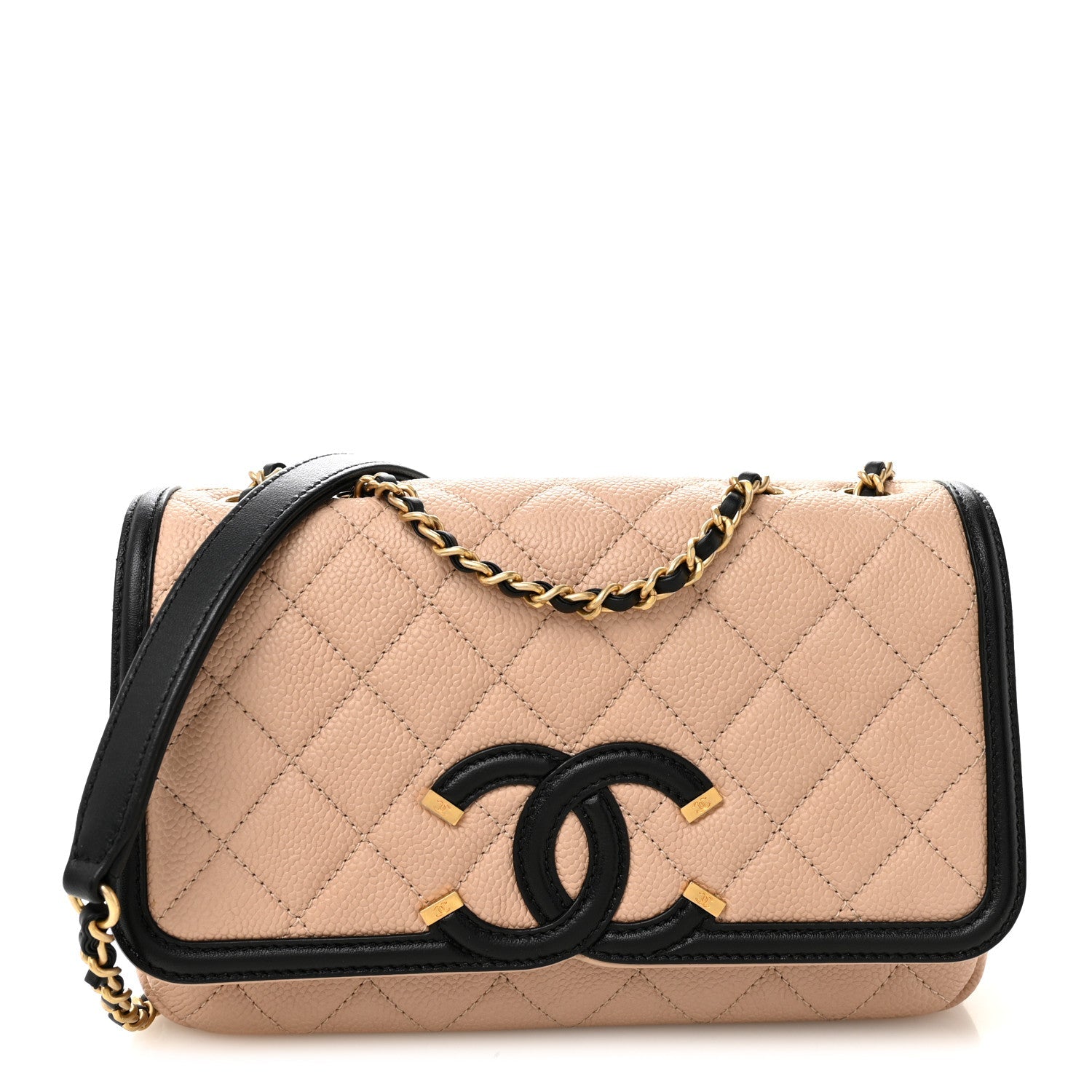 Caviar Quilted Small CC Filigree Flap Beige Black
