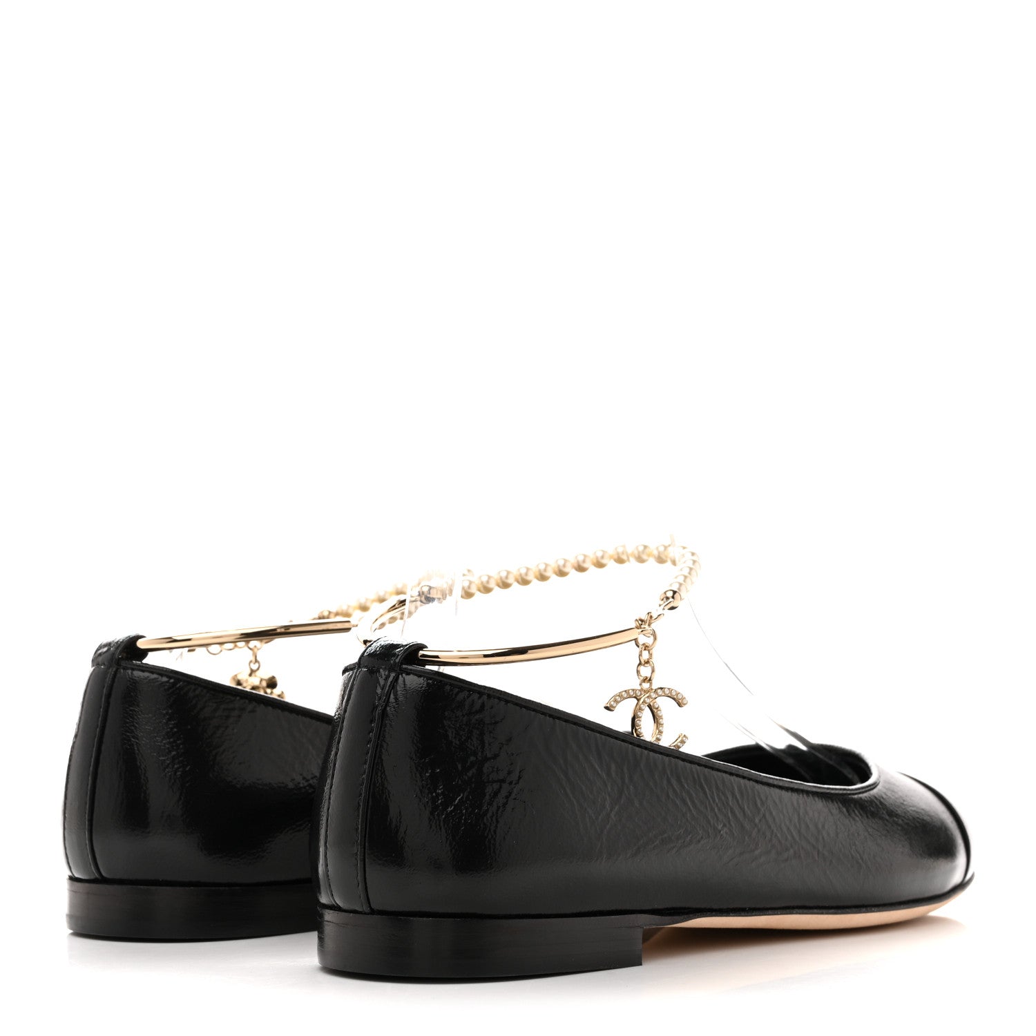 Shiny Lambskin Pearl Cap Toe Ankle Chain Ballerina Flats 39 Black