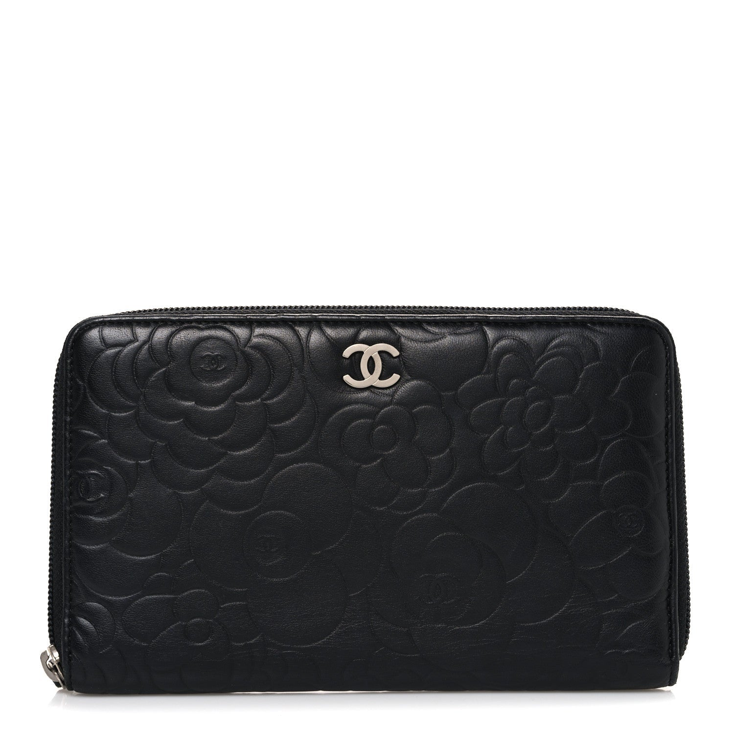Lambskin Camellia Embossed Zip Around Organizer Wallet Black