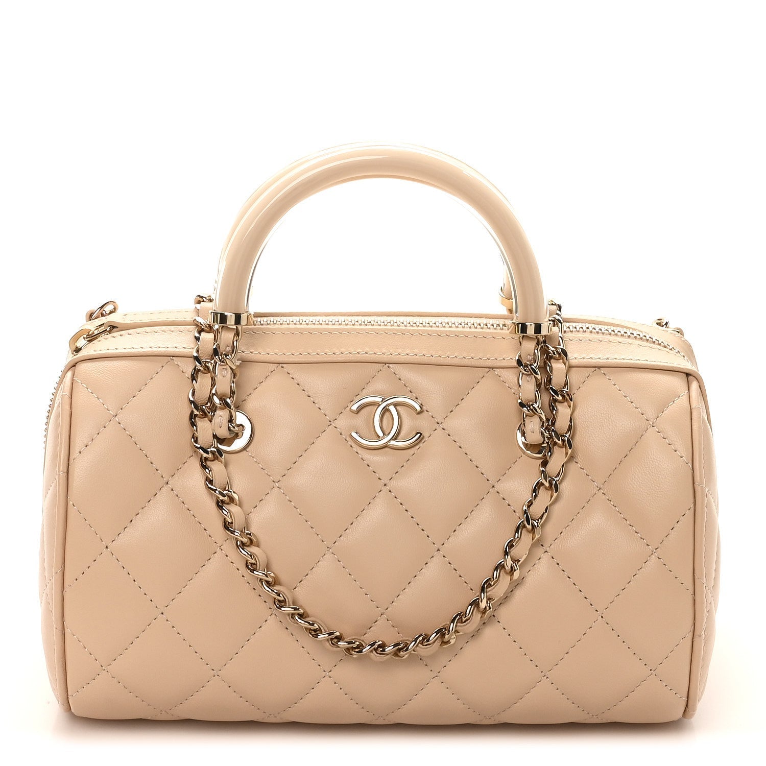 Lambskin Quilted Barrel Clutch With Chain Light Beige