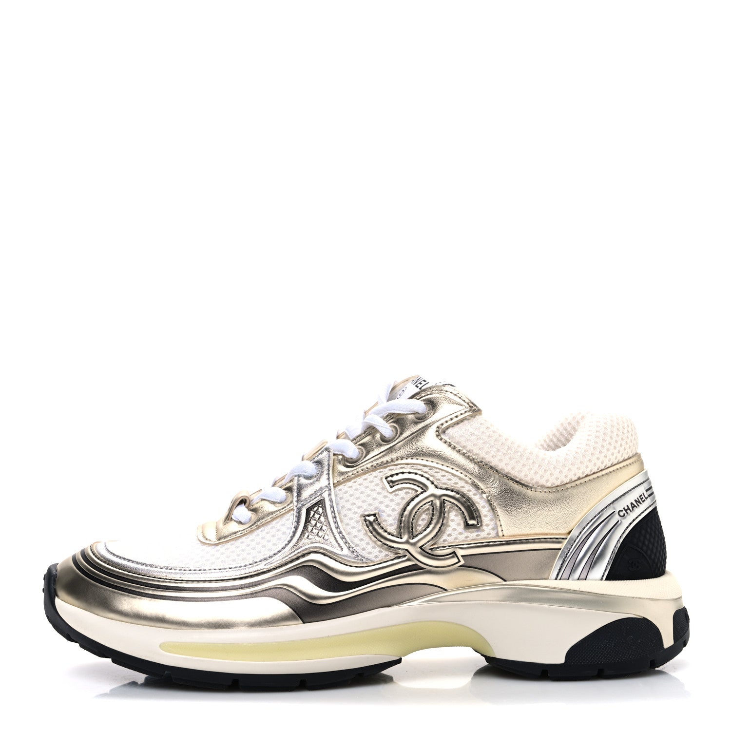 Fabric Laminated Calfskin Stretch CC Womens Sneakers 39.5 White Silver
