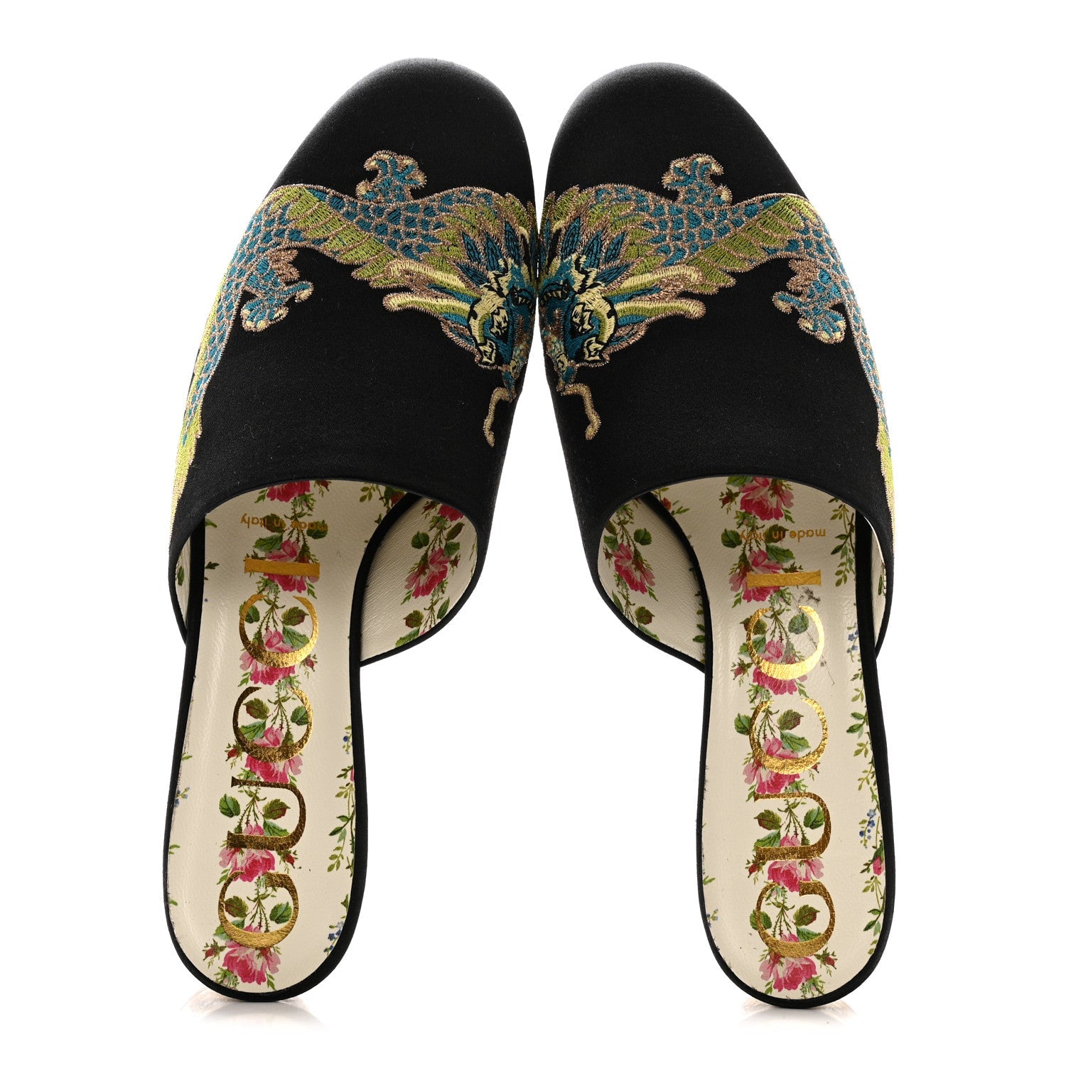 Satin Dragon Embroidered Candy Mules 36.5 Black