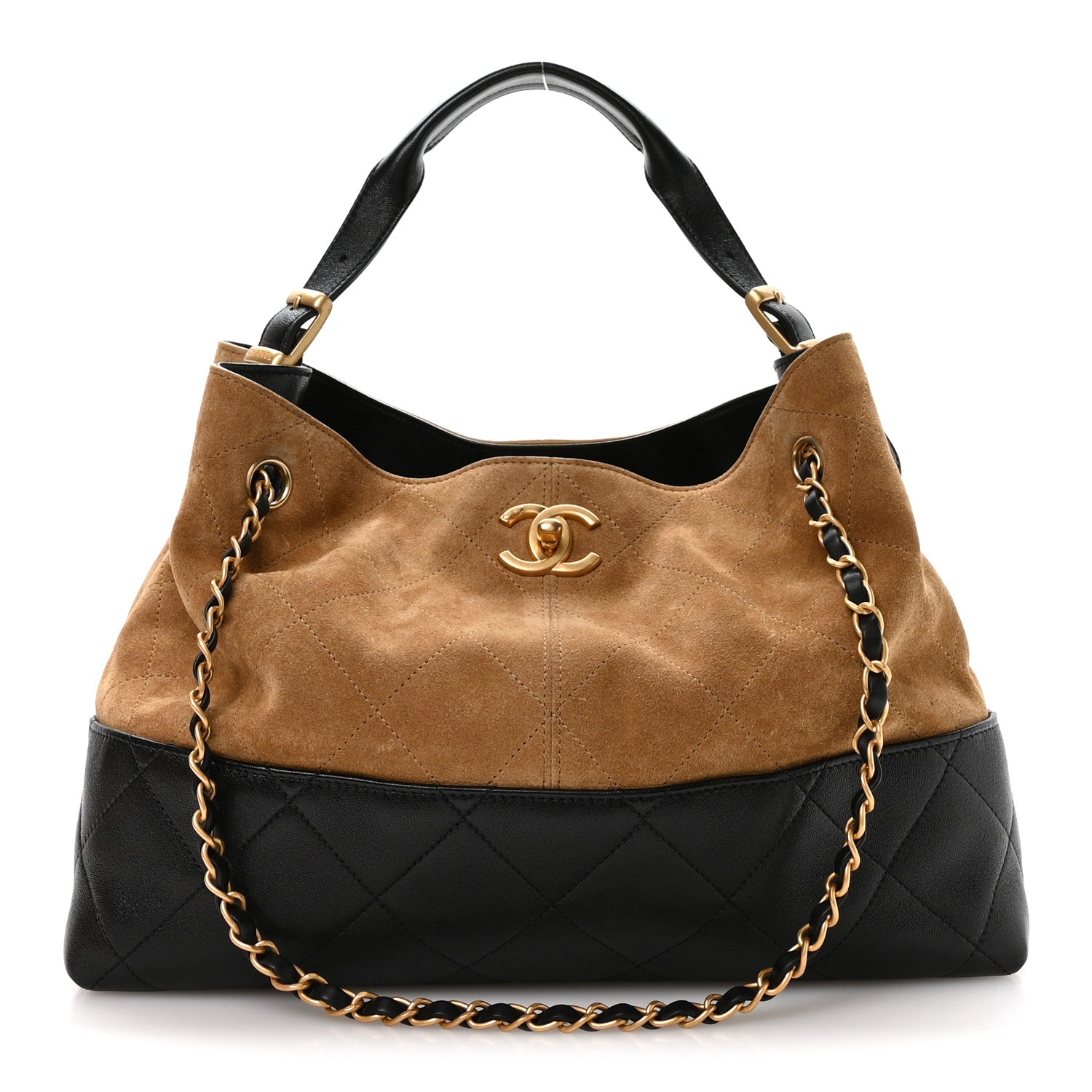 Suede Calfskin Shiny Lambskin Quilted Small Coco Base Shopping Bag Beige Black