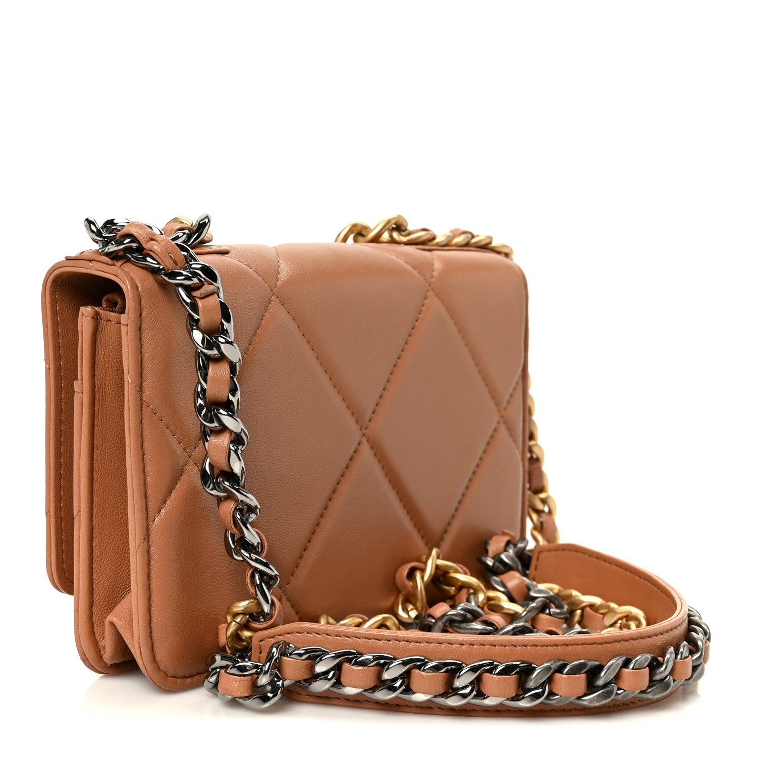 Lambskin Quilted Chanel 19 Wallet On Chain WOC Brown