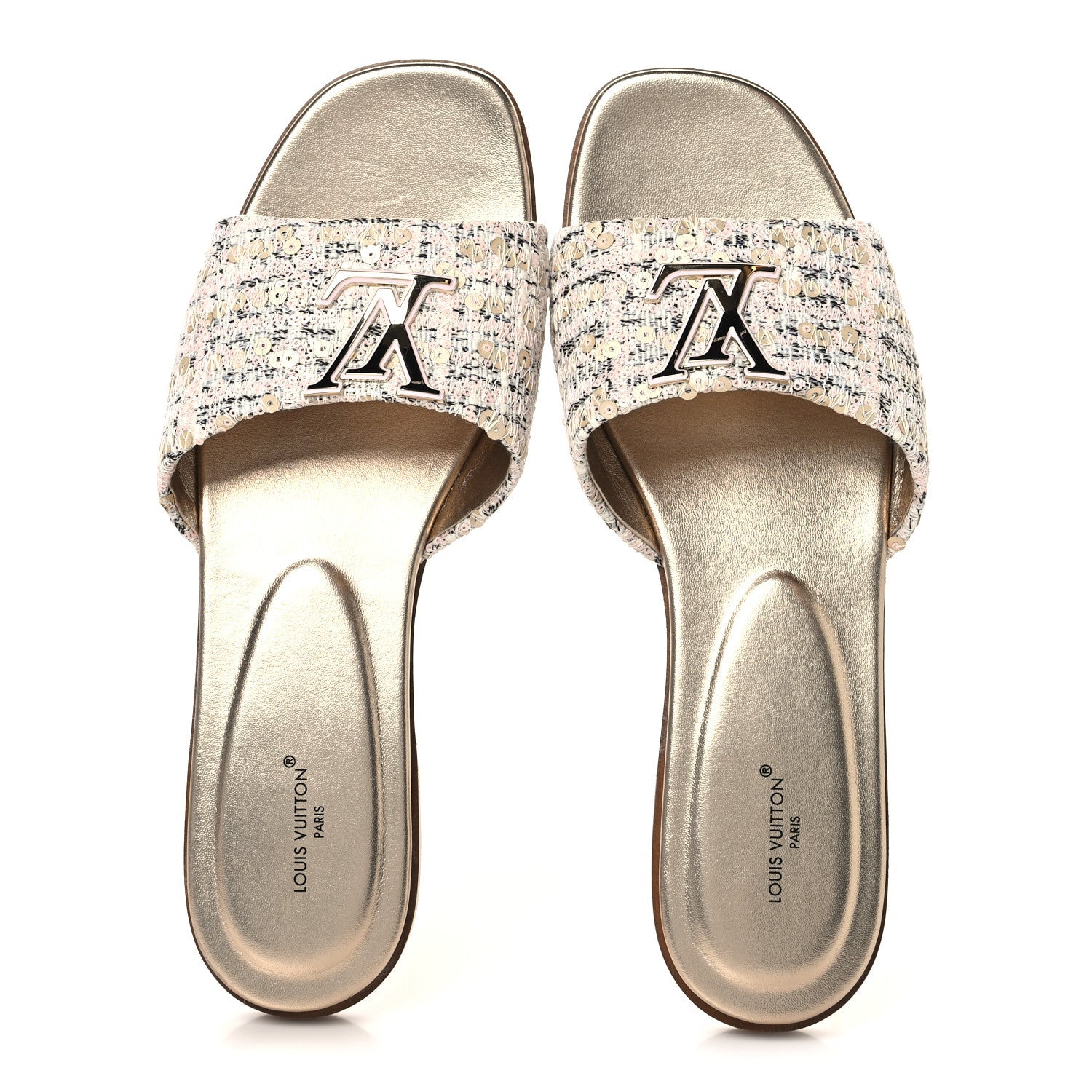 Tweed Sequin LV Mare Flat Mule Sandals 39 Light Gold