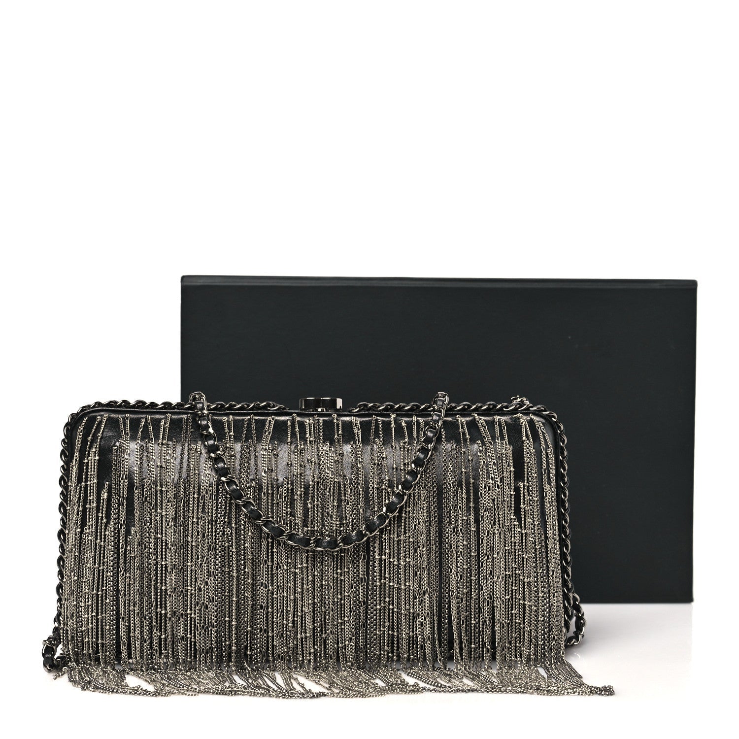 Lambskin Chain Fringe Clutch With Chain  Black
