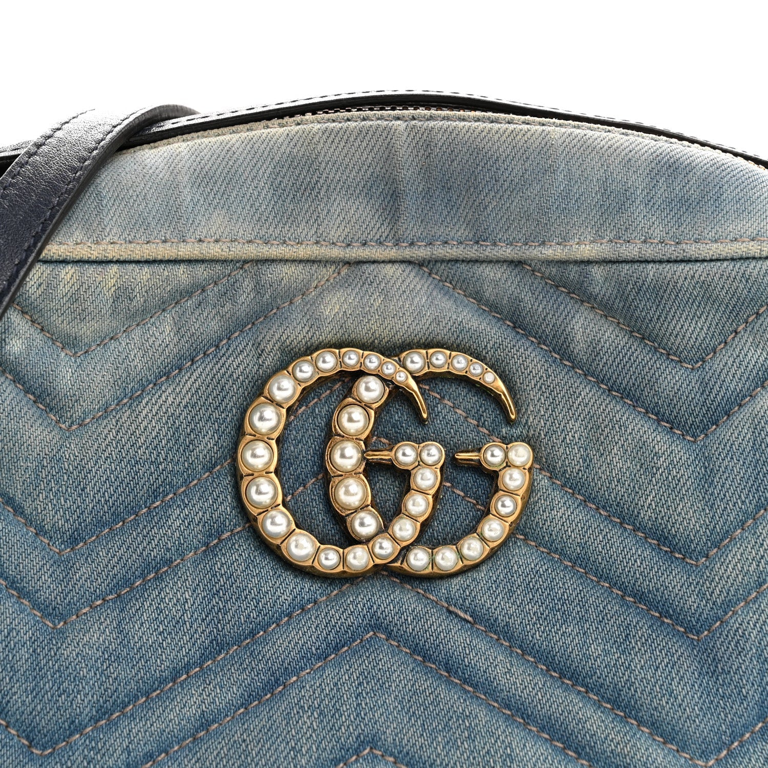 Denim Matelasse Small Pearly GG Marmont Chain Shoulder Bag Blue
