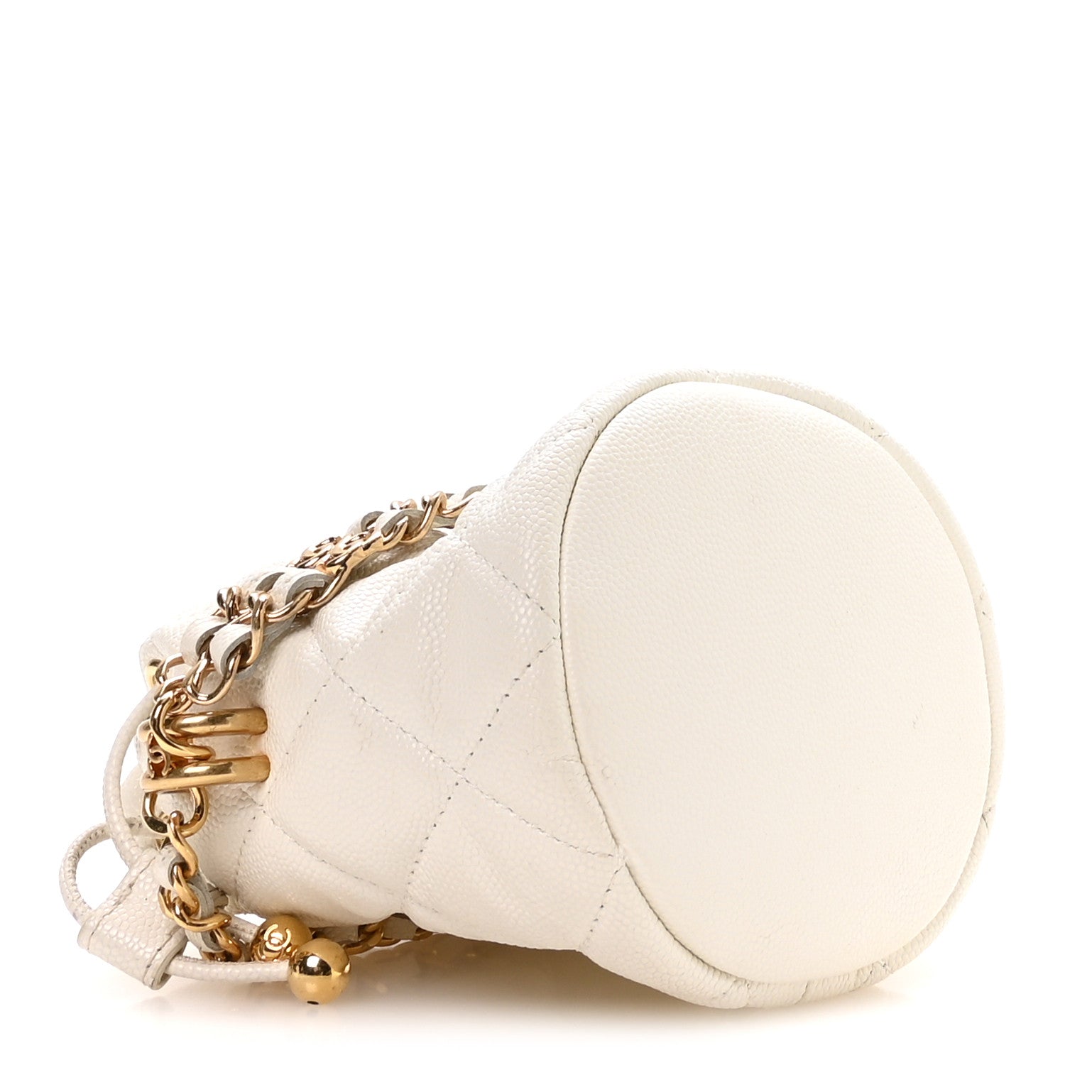 Caviar Quilted Coco First Bucket Clutch With Chain White