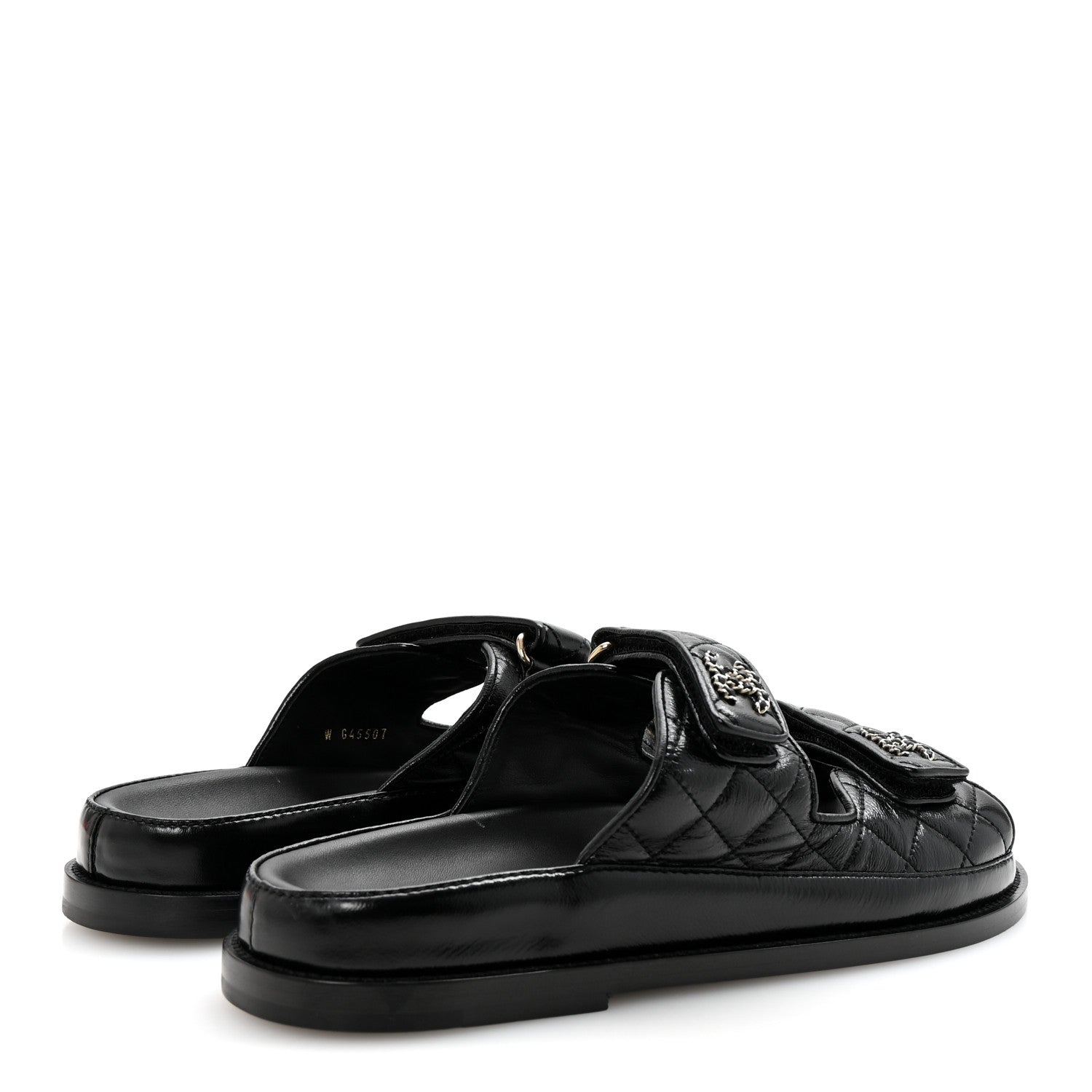Lambskin Quilted Velcro Dad Chain CC Slide Sandals 38.5 Black