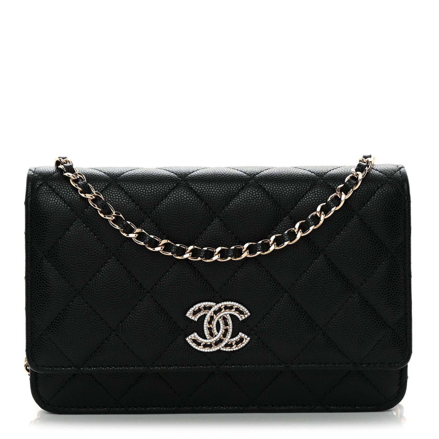 Caviar Quilted Crystal CC Wallet On Chain WOC Black