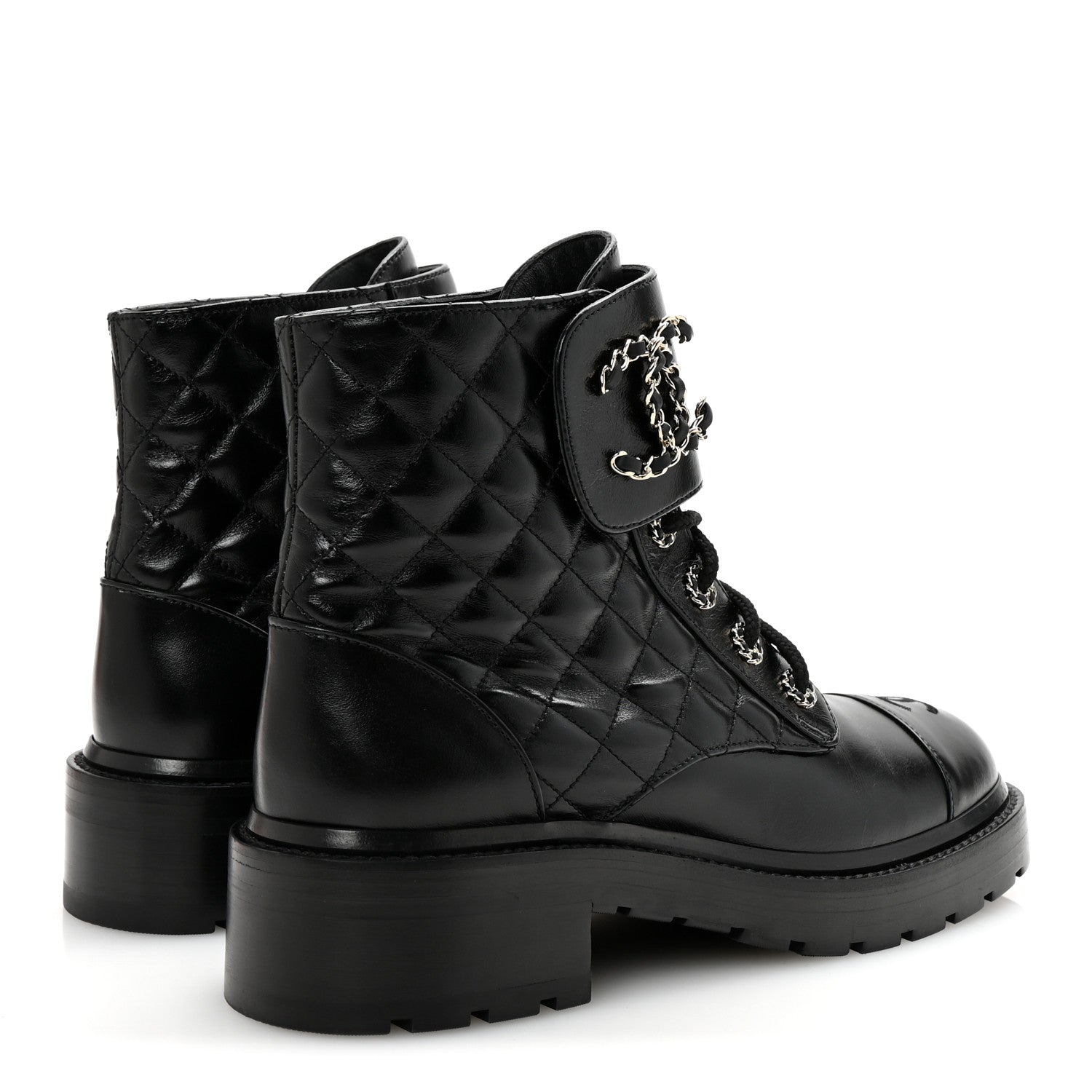 Shiny Lambskin Quilted Lace Up Combat Boots 39 Black