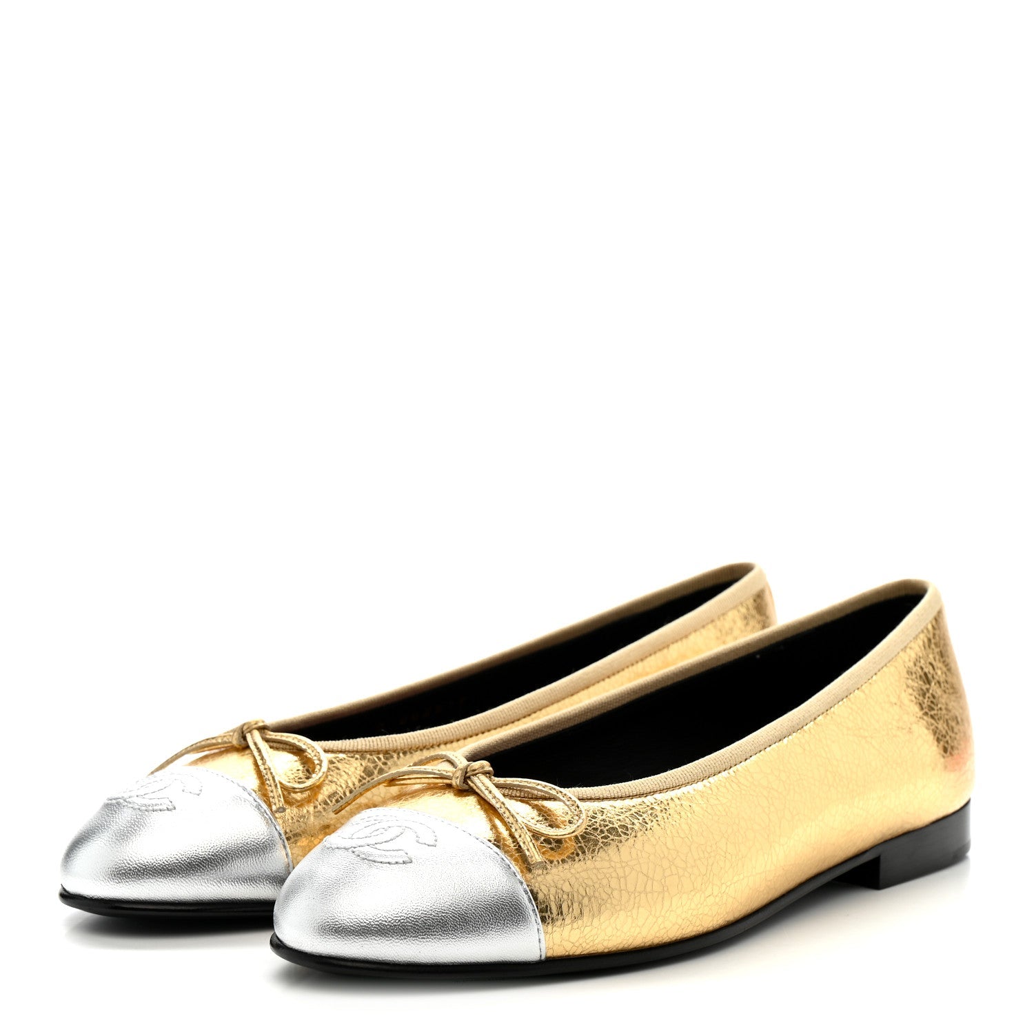 Crackled Laminated Calfskin CC Cap Toe Ballerina Flats 36.5 Gold Silver