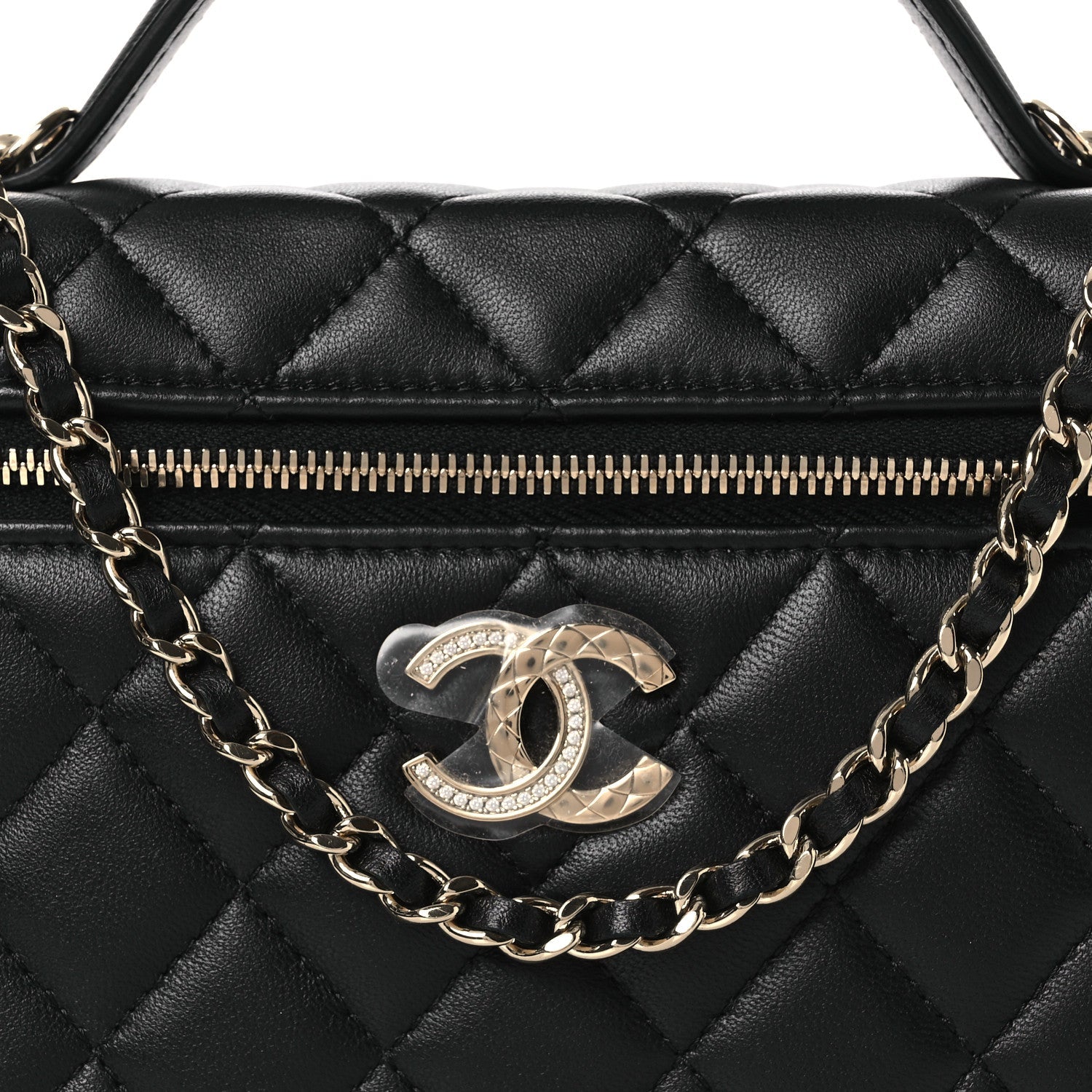 Lambskin Quilted Crystal CC Top Handle Slim Vanity Case With Chain Black