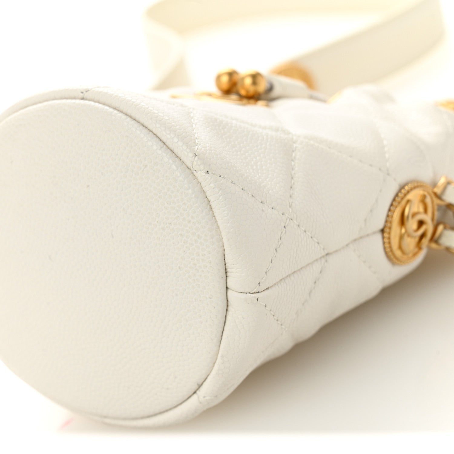 Caviar Quilted Twist Your Buttons Mini Bucket Bag White