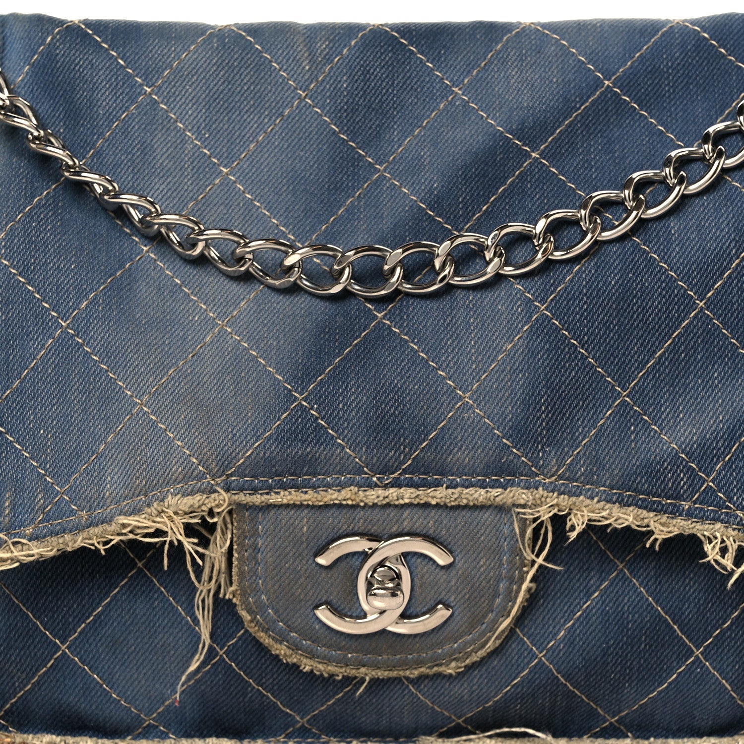 Denim Quilted Jumbo Pompom Flap Dark Blue