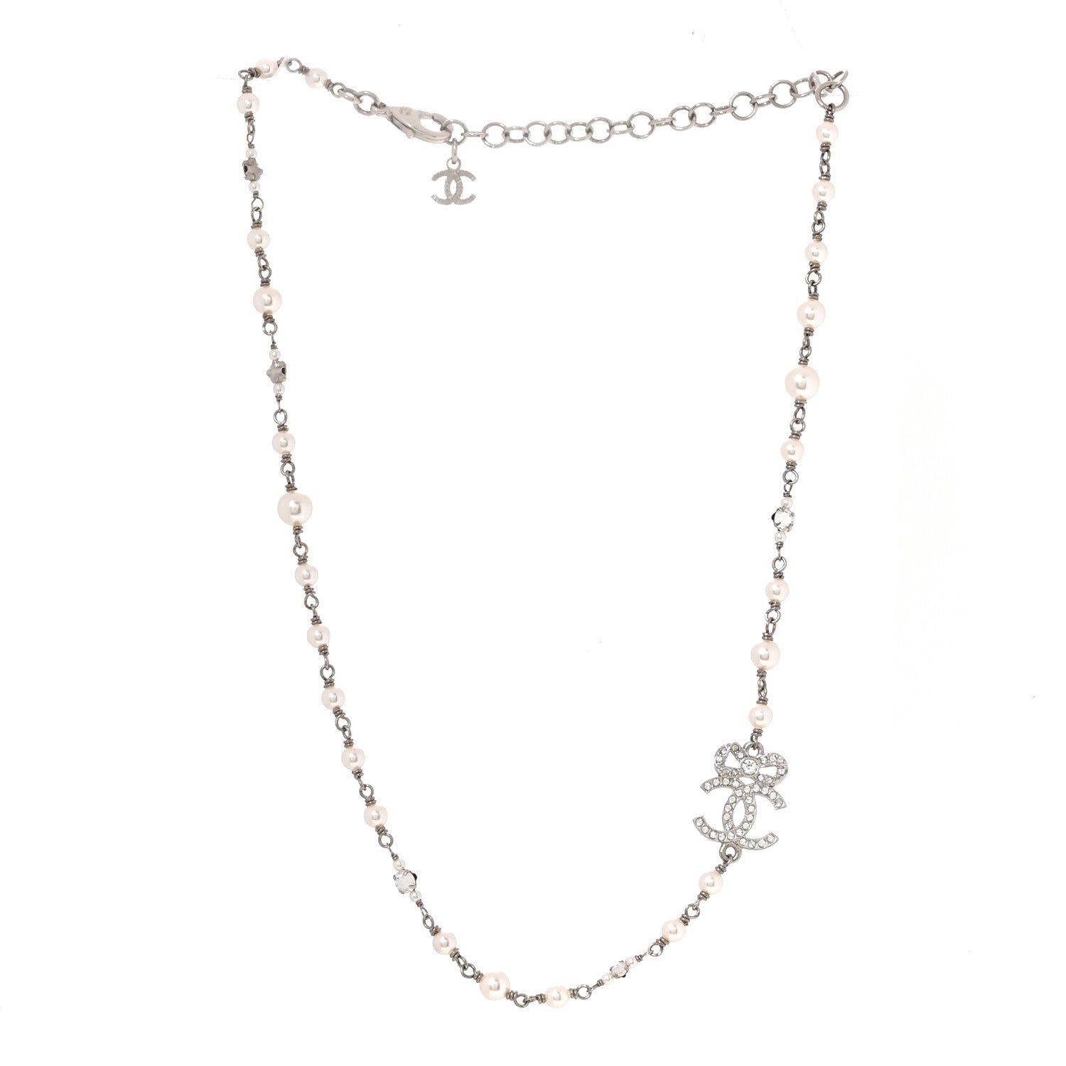 Pearl Crystal CC Bow Choker Necklace Silver Pearly White