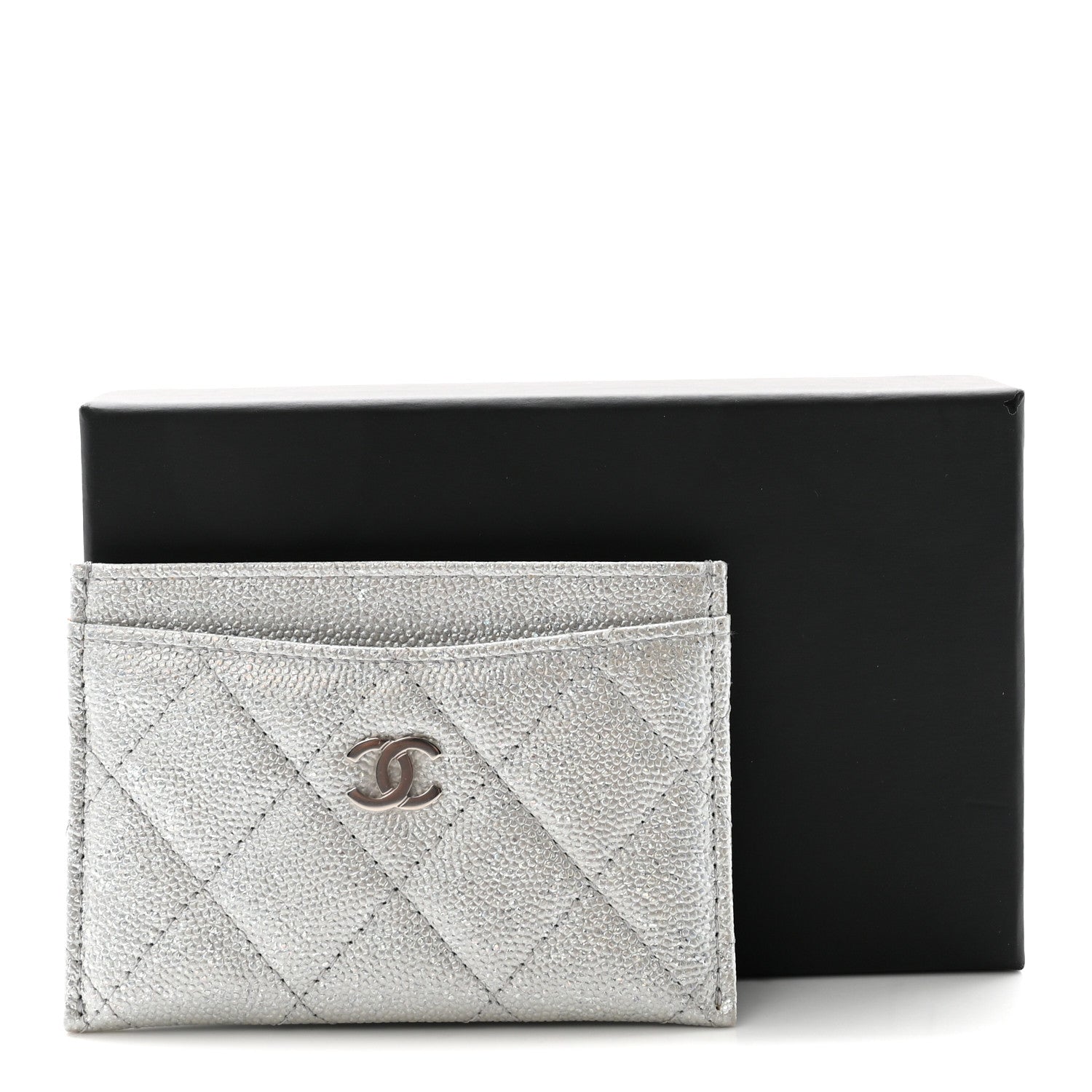 Glittered Metallic Caviar Quilted Card Holder Silver