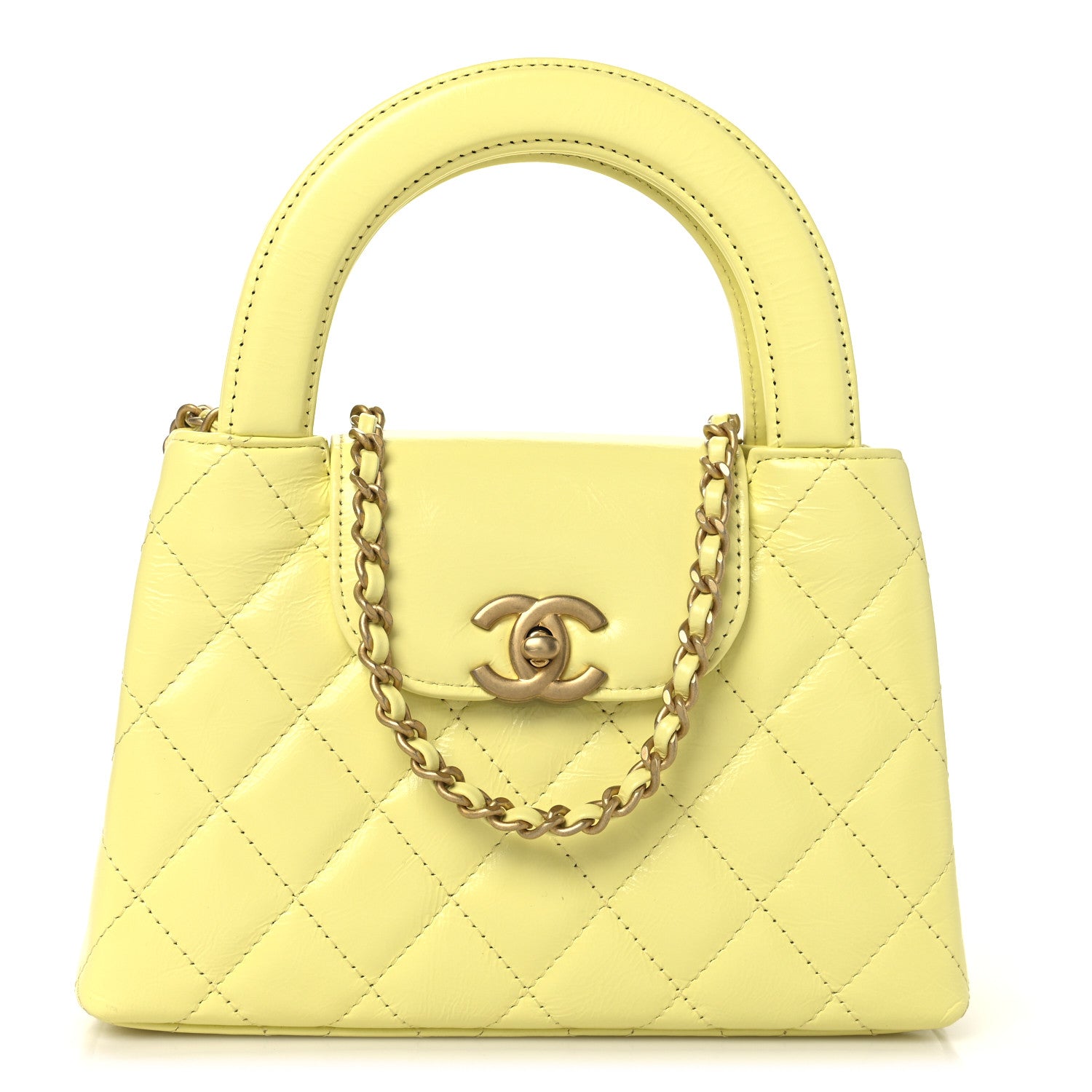 Shiny Aged Calfskin Quilted Nano Kelly Shopper Light Yellow