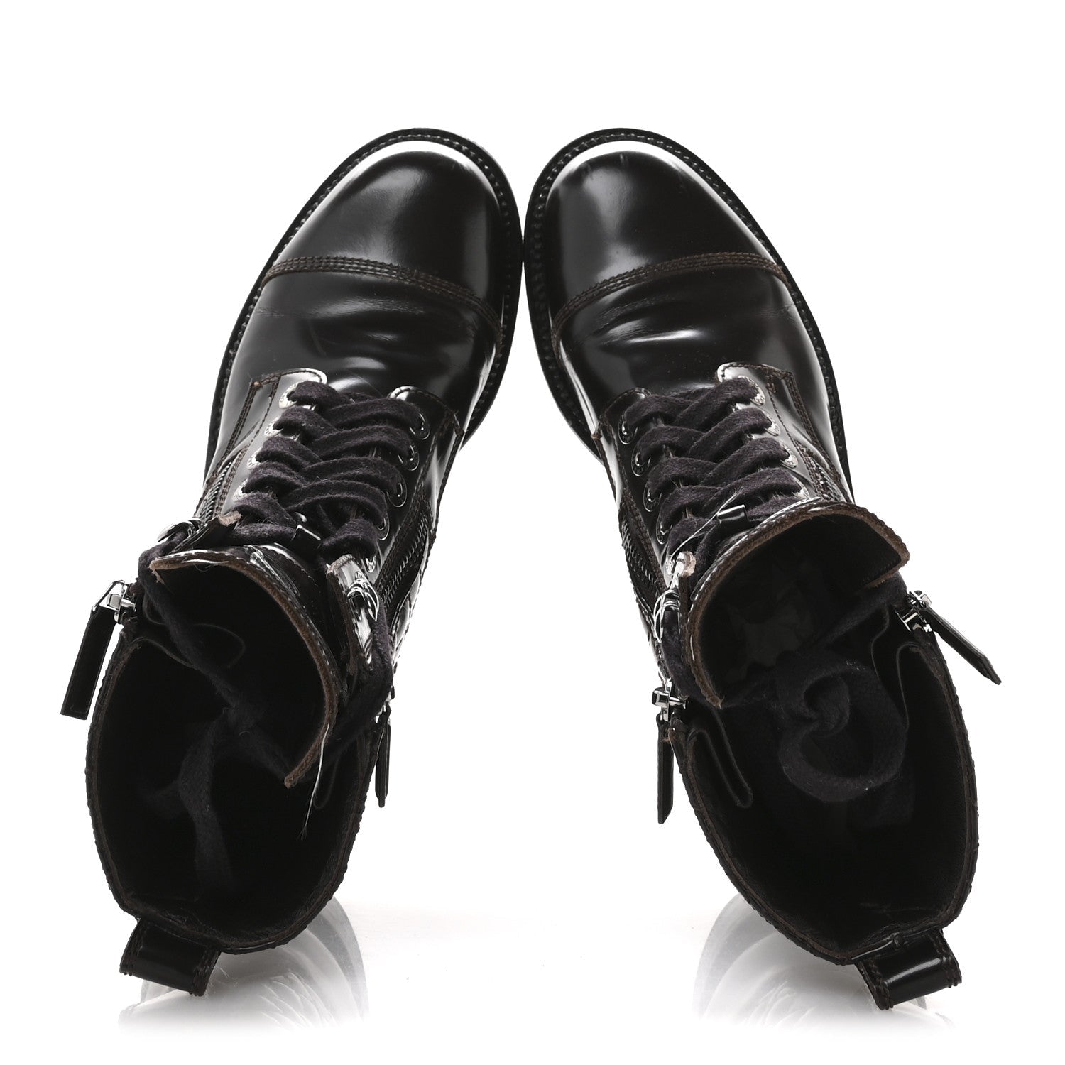 Shiny Calfskin Quilted CC Lace Up Combat Boots 37.5 Dark Burgundy