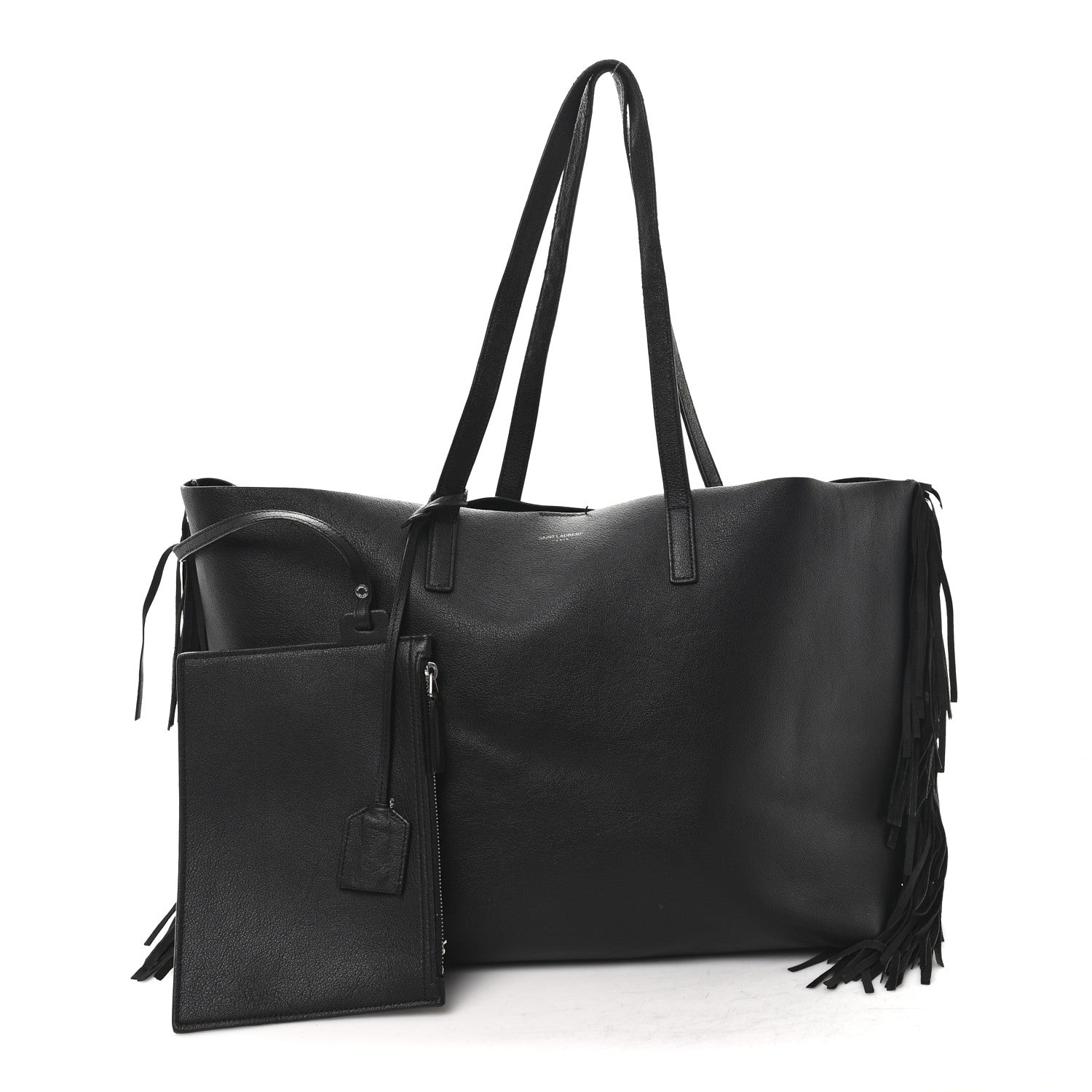 Calfskin Large Fringe Shopping Tote Black