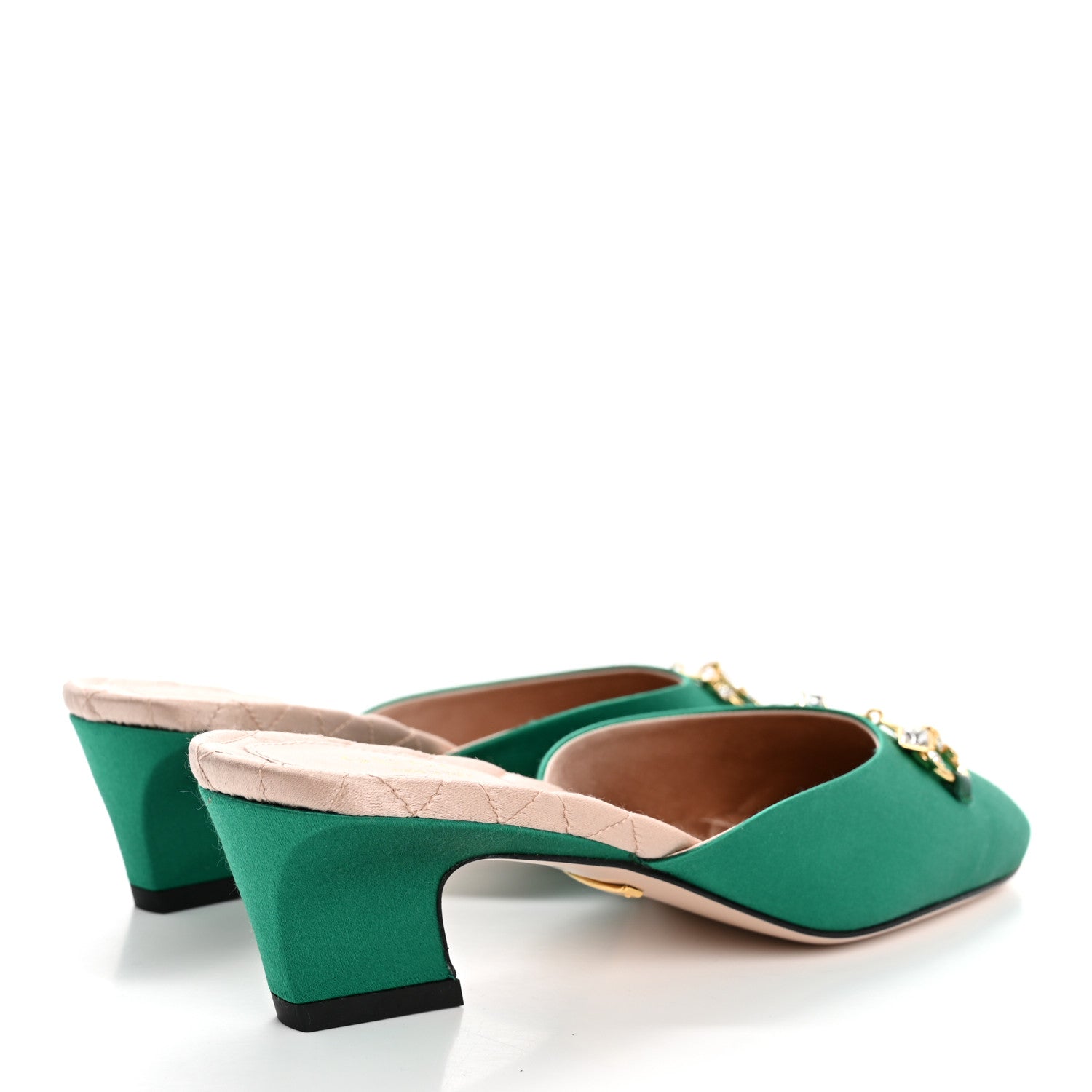 Silk Satin Crystal Embellished Horsebit Mules 36 Shamarock Emerald