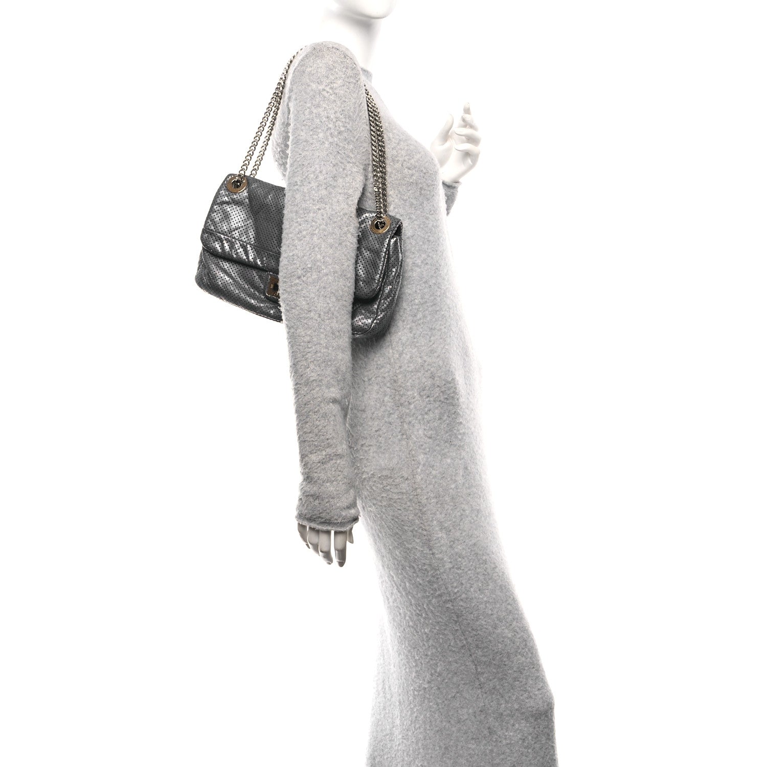 Metallic Crackled Calfskin Perforated Drill Flap Silver