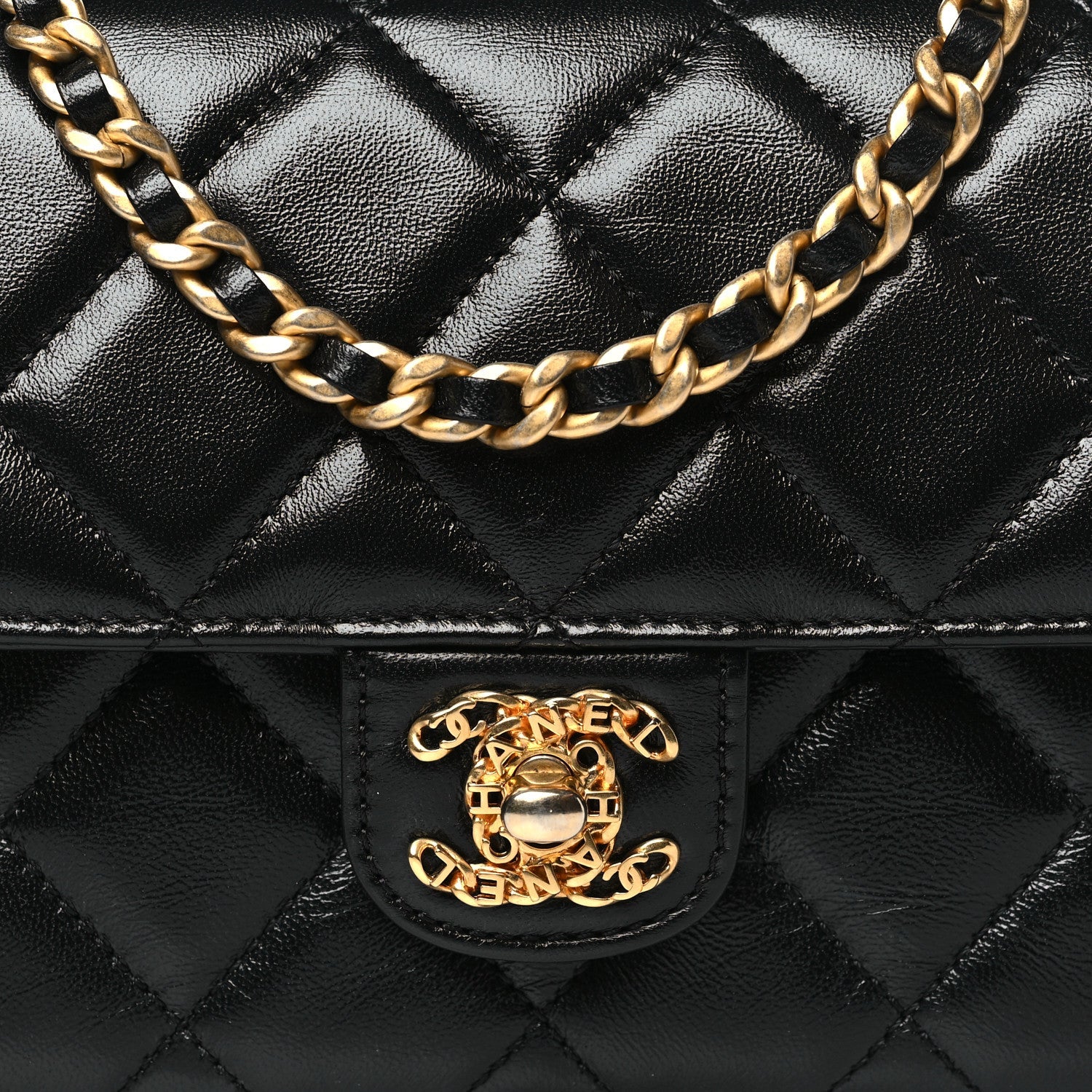 Shiny Lambskin Quilted Flap Clutch Bag Black