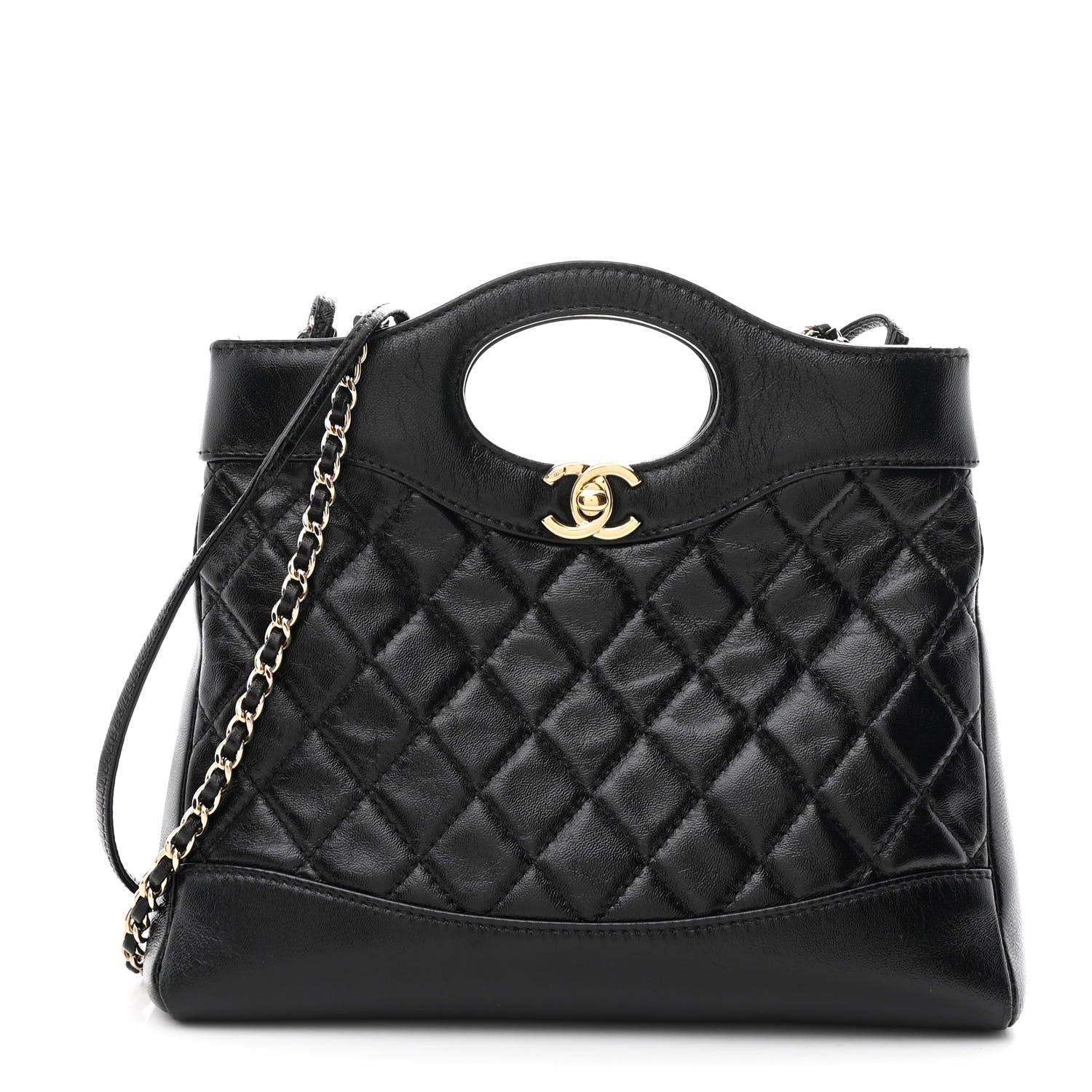 Shiny Crumpled Calfskin Quilted Mini 31 Shopping Bag Black