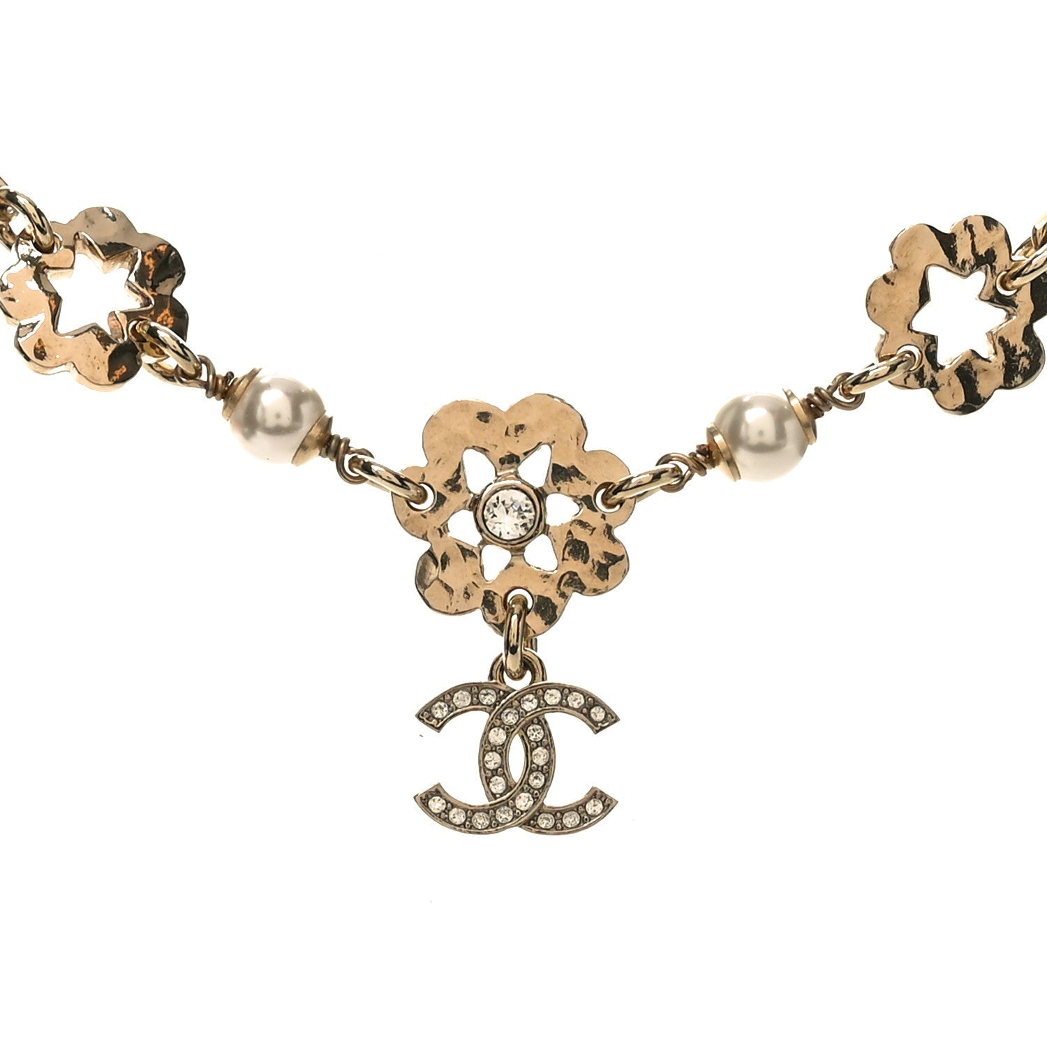 Metal Crystal Pearl CC Camellia Choker Necklace Gold