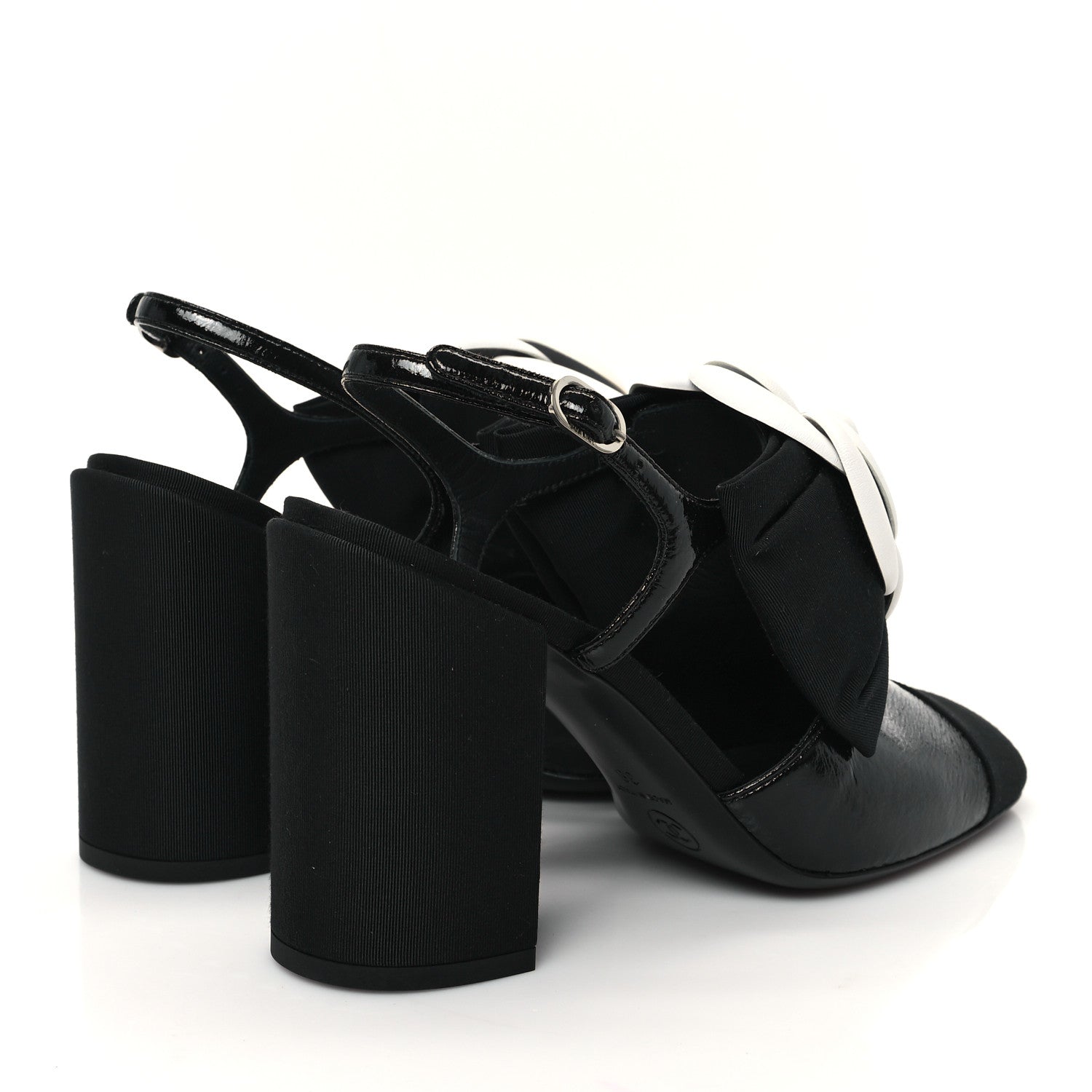 Crumpled Shiny Fabric Grosgrain Cap Toe Camellia Bow Slingback Pumps 38 Black