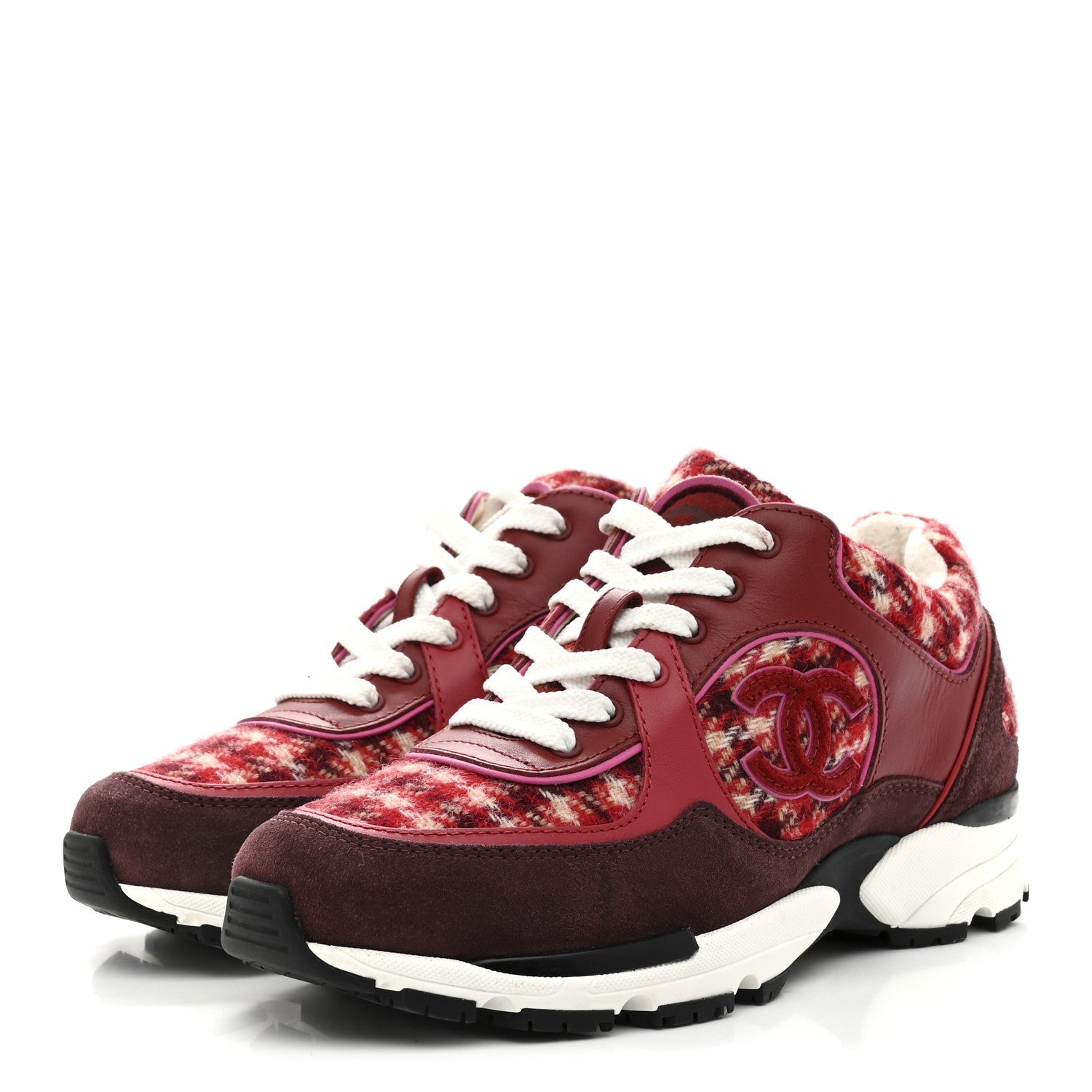 Wool Tweed Suede Calfskin Womens CC Sneakers 36 Red White Dark Brown Burgundy