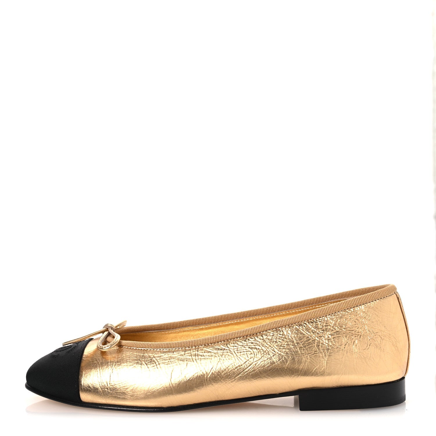 Laminated Crumpled Lambskin Grosgrain Cap Toe CC Ballerina Flats 37.5 Gold Black