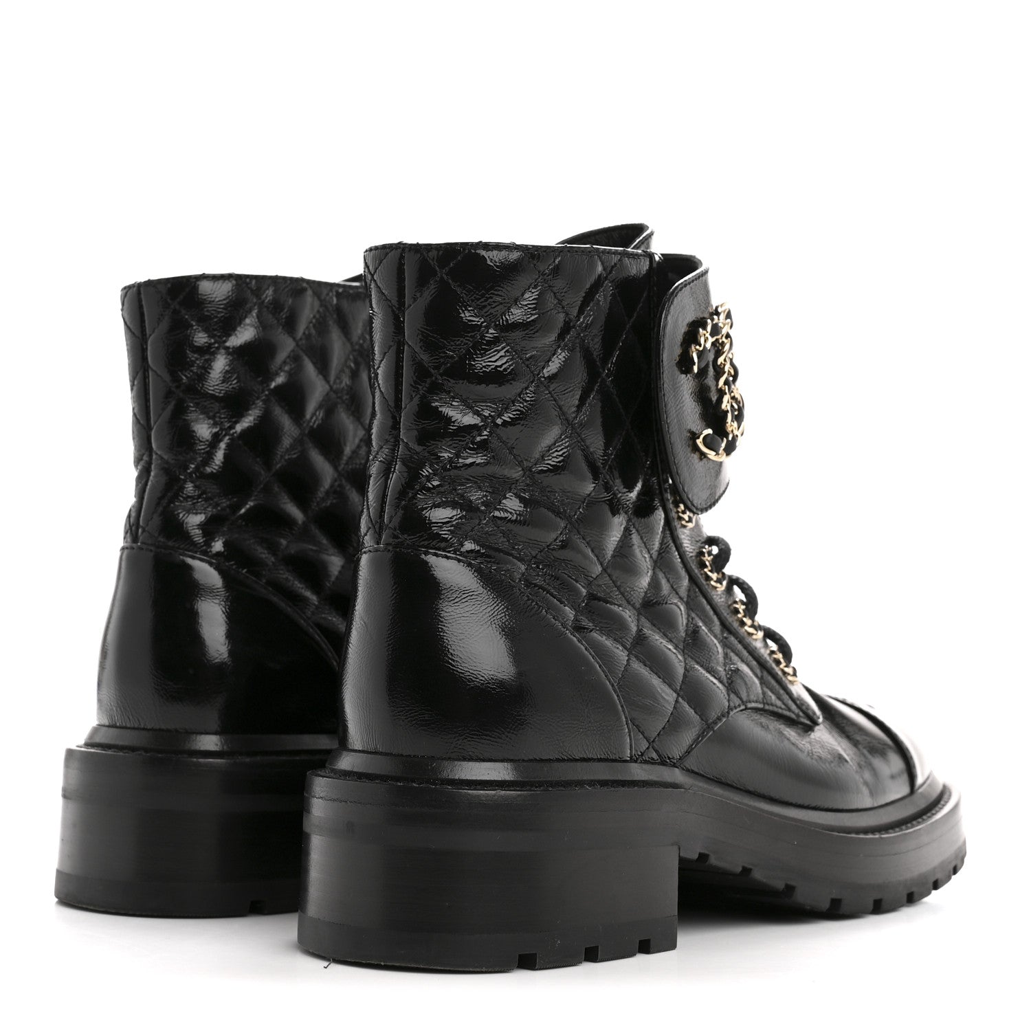 Shiny Goatskin Calfskin Quilted Lace Up Combat Boots 36.5 Black