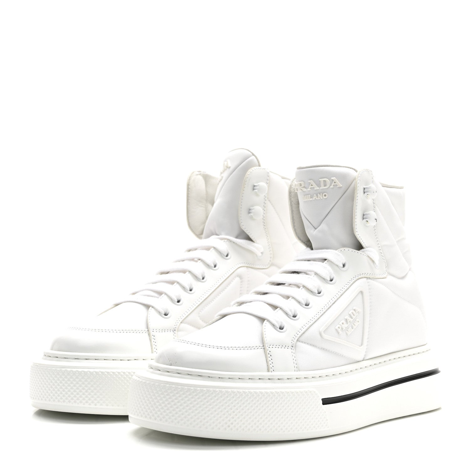 Re-Nylon Gabardine Spazzolato Macro Quilted Triangle Logo High Top 45mm Sneakers 38.5 White