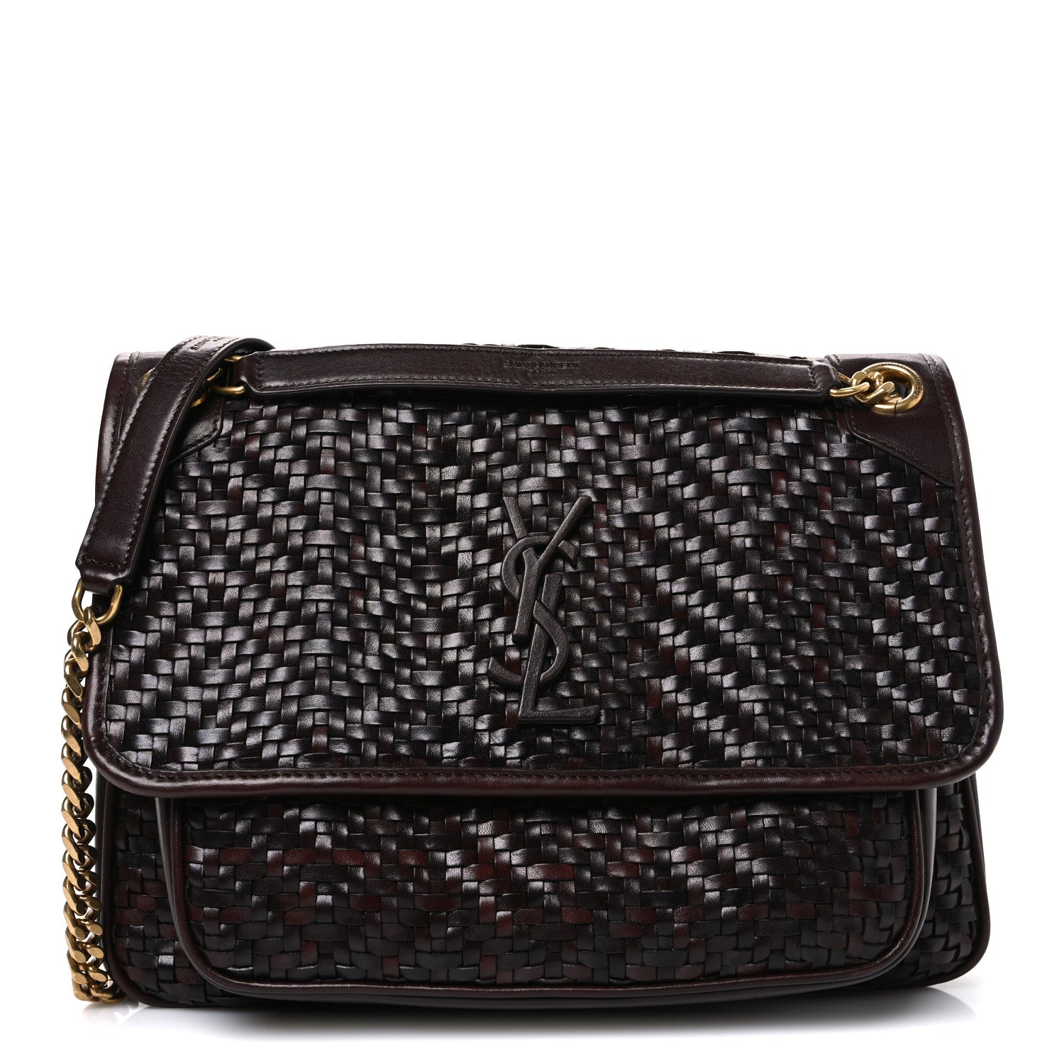 Calfskin Woven Monogram Medium Niki Chain Satchel Burnt Brown