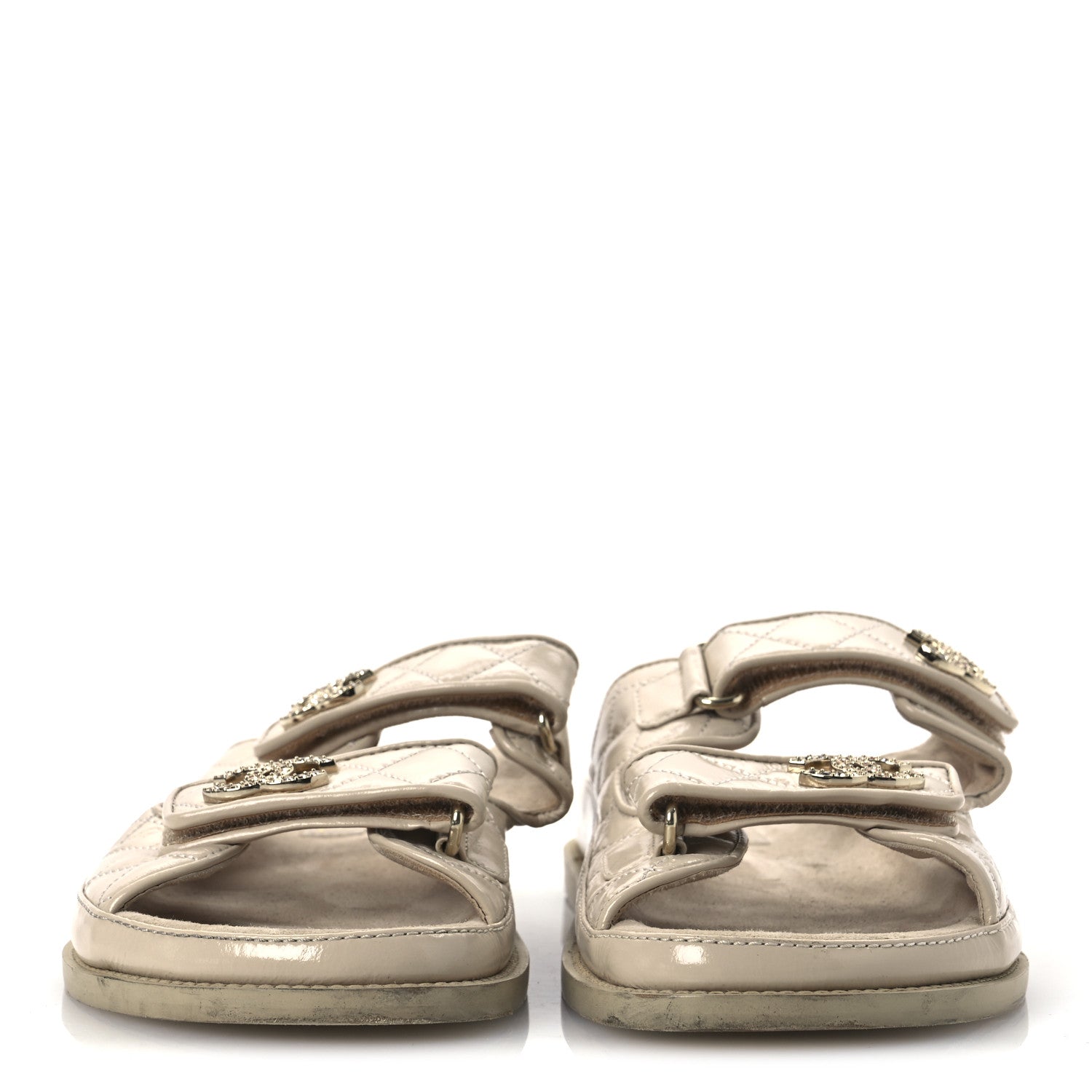 Shiny Calfskin Quilted Velcro Dad Crystal CC Slide Sandals 39 Beige