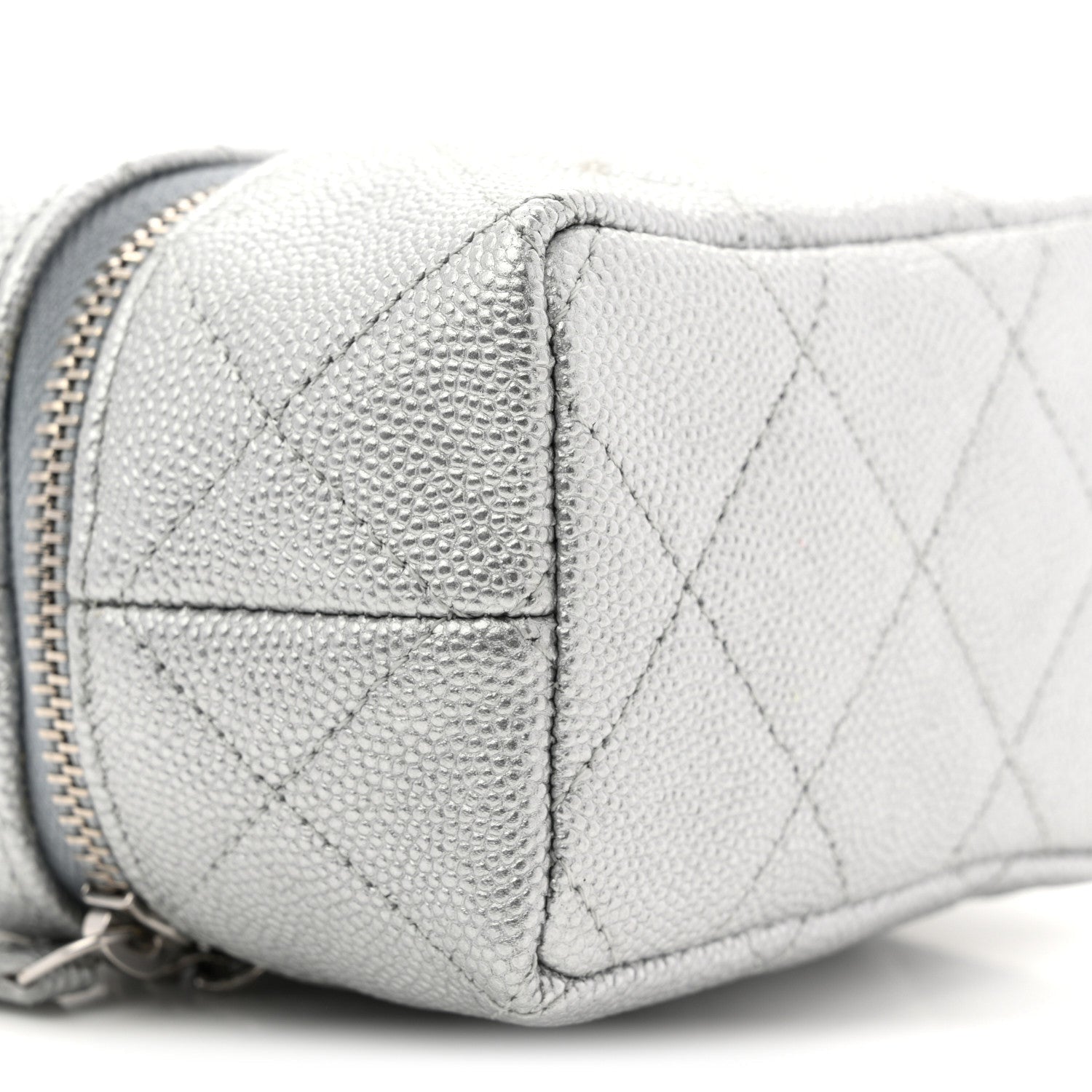 Metallic Caviar Quilted Mini Top Handle Vanity With Chain Silver