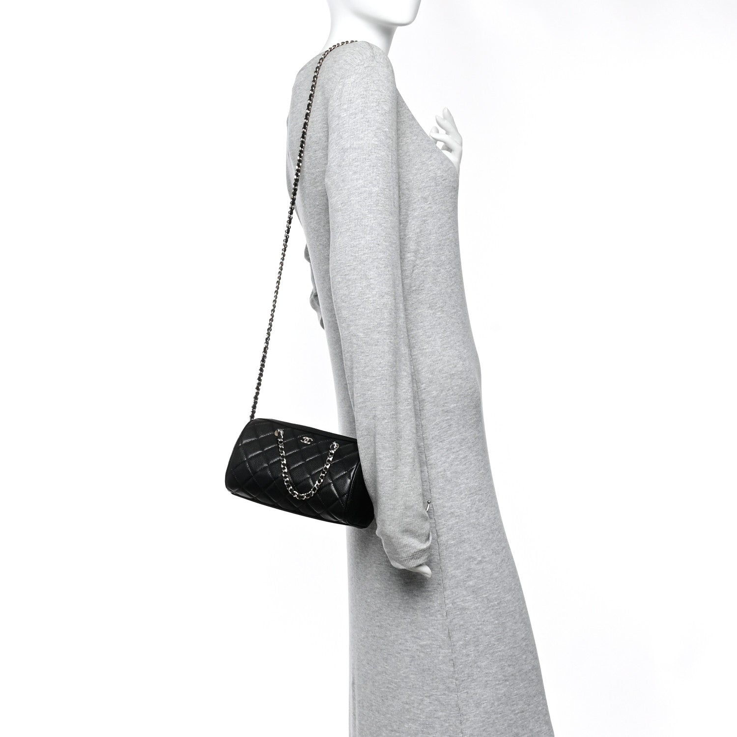 Caviar Quilted Barrel Clutch With Chain  Black